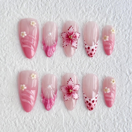 Luxury Press on Nails Medium Almond French Tip Handmade 3D Unique Reusable ABS Material Fake Nails Pink False Nails with Designs Pearls Floral Art Petal Glossy Glue on Nails Thick Acrylic Nails(M)