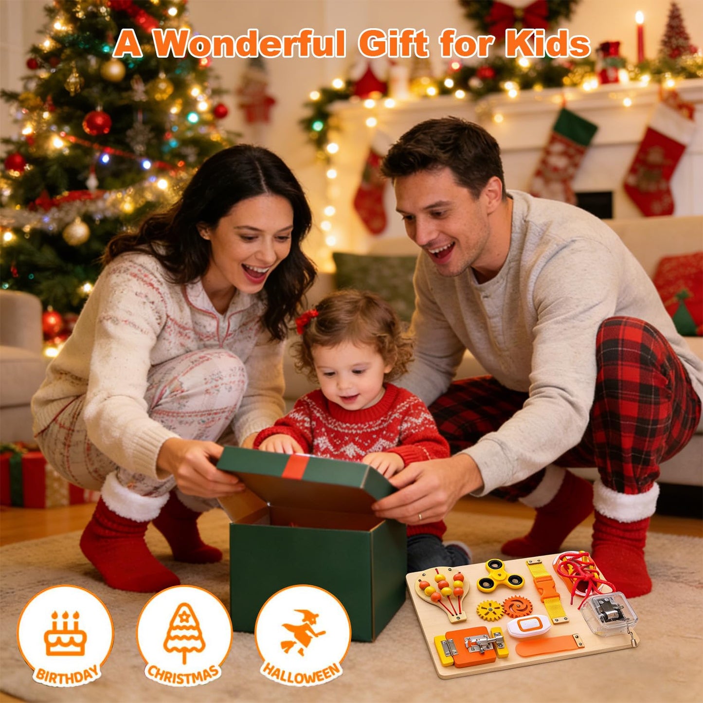 SEYTUFU Montessori Busy Board for Toddlers, Wooden Sensory Toys Autistic Children, Travel Toys for Educational Fidget Board with Switches & Music Boxes, Fidget Spinner, Locks for 3+ Year Kids Gifts.