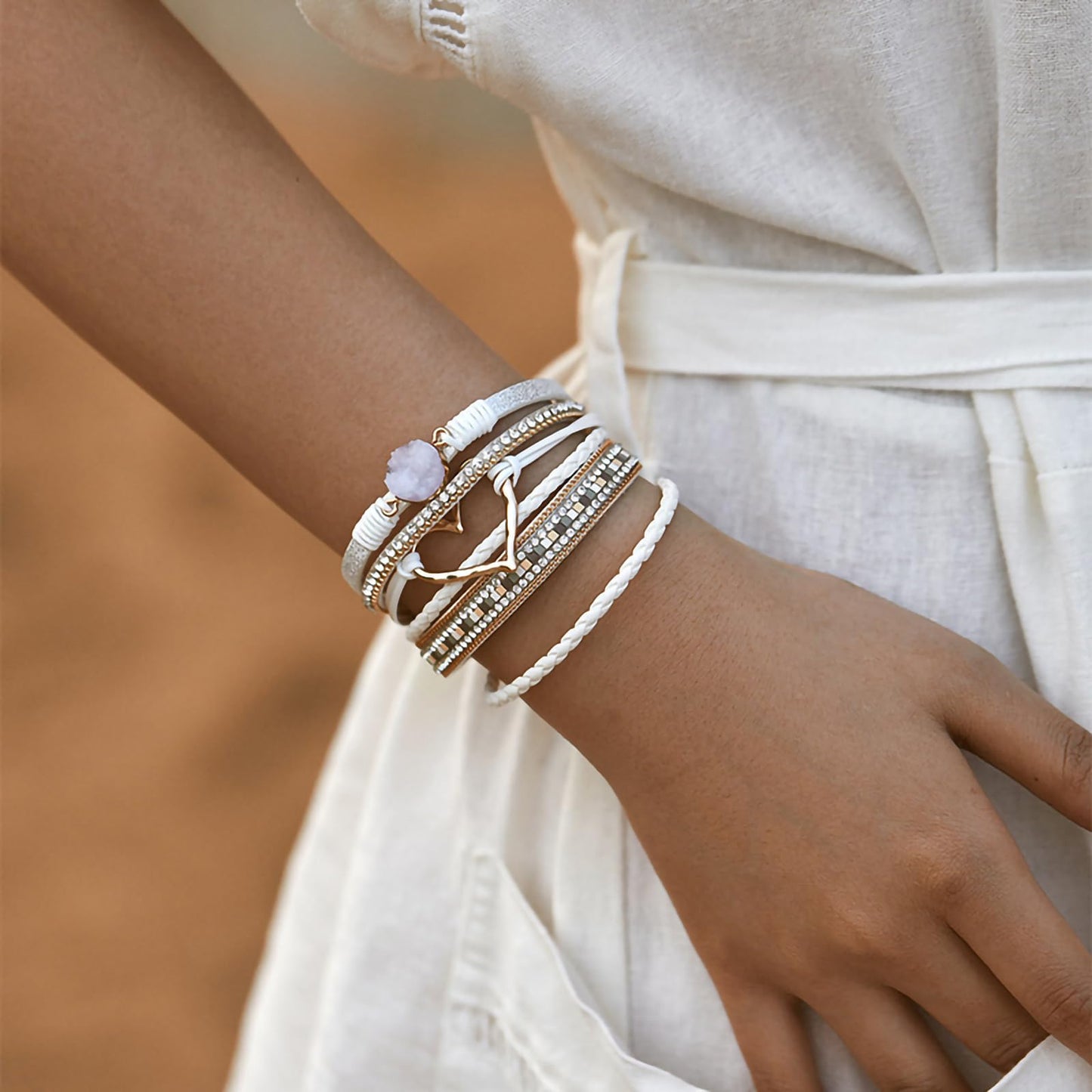 Leopard Bracelet for Women, Boho Leather Wrap Multi-Layer Pearl Crystal Bracelet Bangle Jewelry (Heart Leather(White))