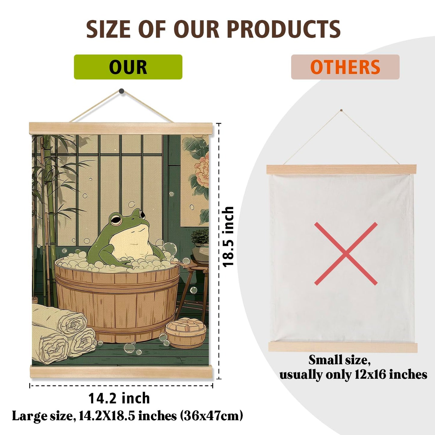 Relaxing Frog BathWall Art Decor Poster 18.5x14 Inch, Cute Animal Bathroom Linen Canvas Print, Japanese Style Bathroom Humor Soaking Frog Artwork for Restroom, Spa or Home Wall Decor(Green-Flog)