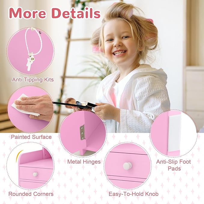 HONEY JOY Kids Vanity with Lights, Little Girls Vanity Set with Mirror and Stool and Lights, Wooden Princess Makeup Dressing Table, Storage Cabinet, Pretend Play Kids Vanity Table and Chair Set(Pink)