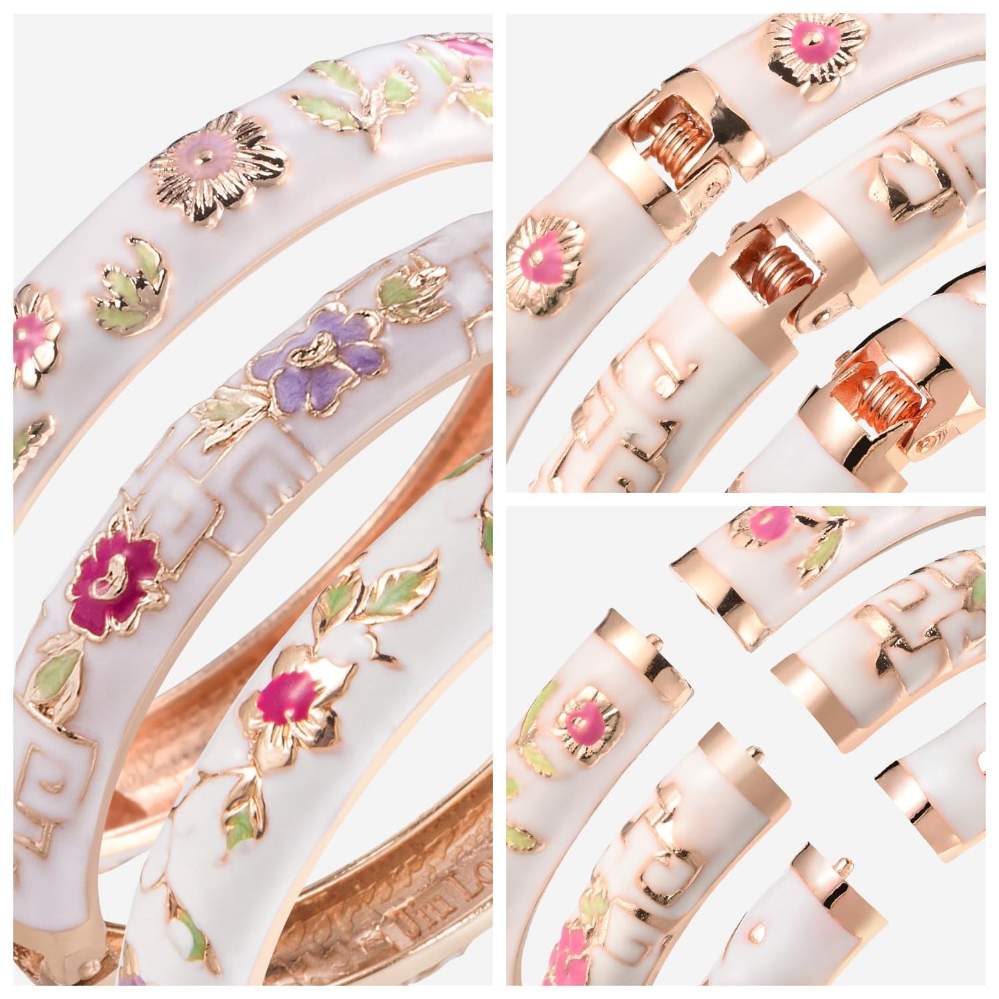 UJOY Womens Multi-Colors Cloisonne Bracelet Gold Plated Flower Enameled Hinged Cuff Bangles Jewelry Gift 55A-3PCS White