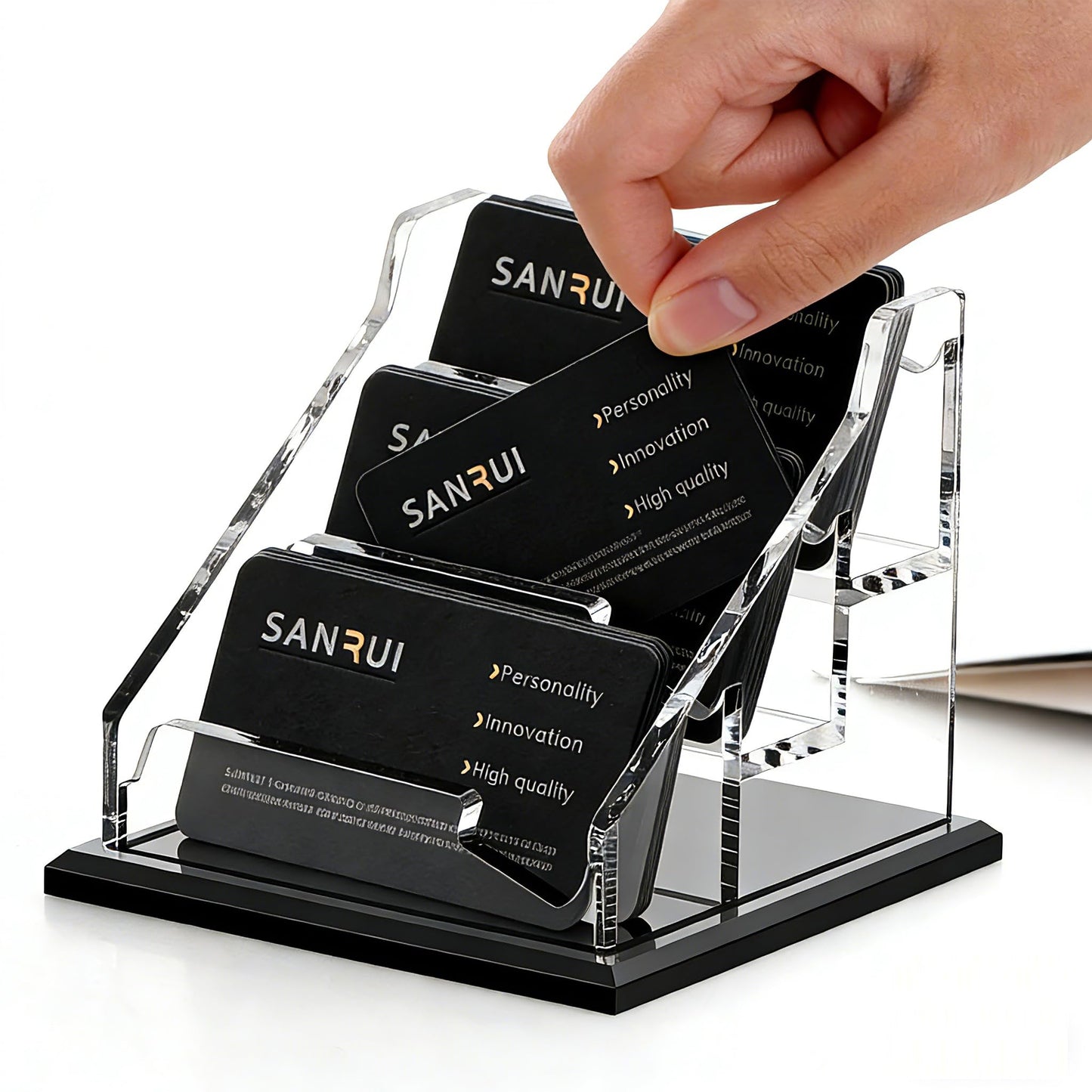 SANRUI Acrylic Business Card Holder - 8MM Thick Widened Base, 3-Slot Business Card Display for Desk , Fits 3.5x2 Inch Cards, Versatile for Office/Home/Trade Shows