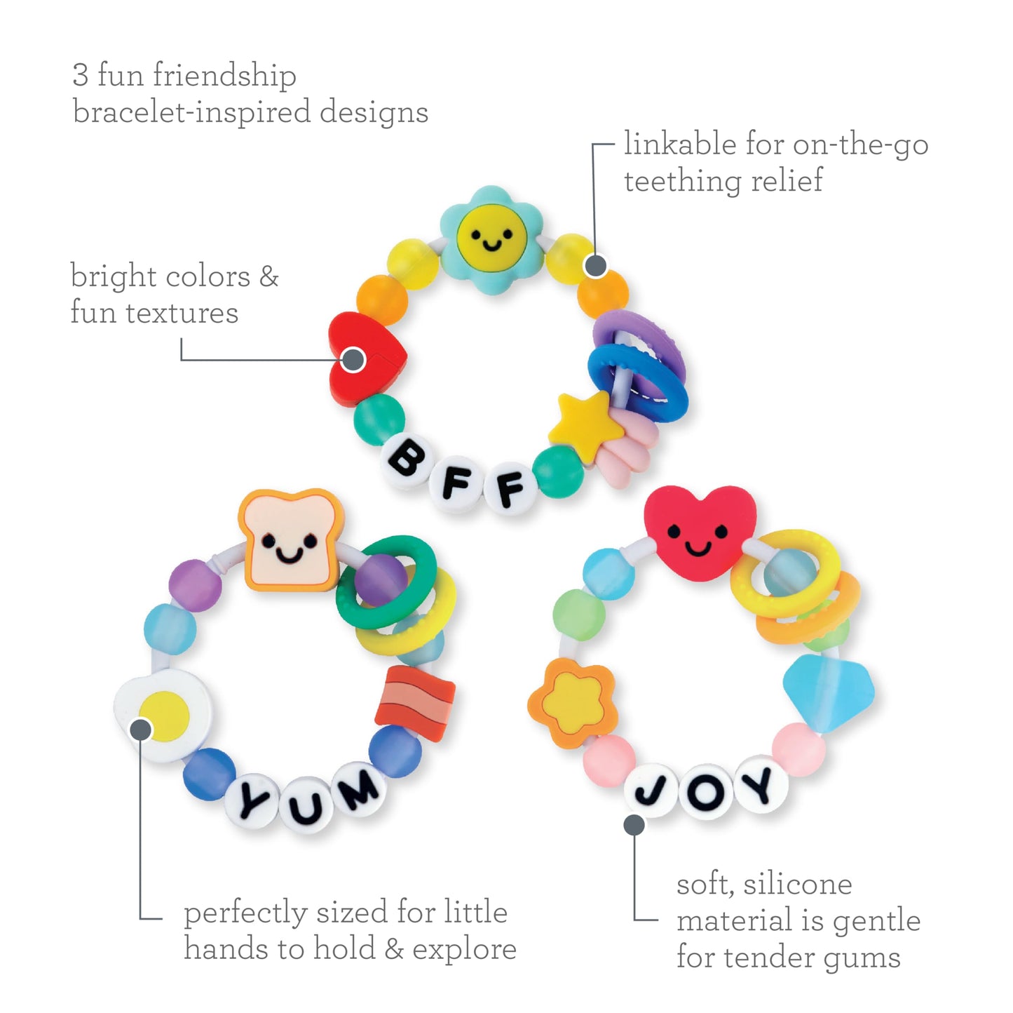 Infantino Friendship Baby Teethers, Soft Silicone Teething Toys, Sensory Textures, Easy to Grip, BPA-Free, Soothes Sore Gums, On-The-Go Travel Teethers, 3-Pack