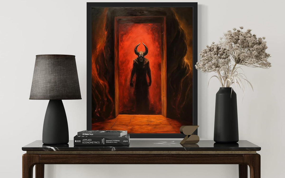 Satan and Hell Poster Art Print, Halloween Scary Vintage Wall Art Academia Spooky Painting Decoration for Horror Prints, Gothic Posters Bedroom Decor 89 (Satan and Hell, 11 x 14 inches, Black Frame)