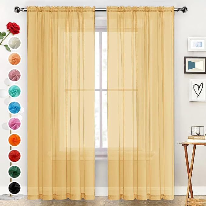 SpaceDresser Basic Rod Pocket Sheer Voile Window Curtain Panels Gold 1 Pair 2 Panels 52 Width 45 Inch Long for Kitchen Bedroom Children Living Room Yard（Gold, 52W x 45L）