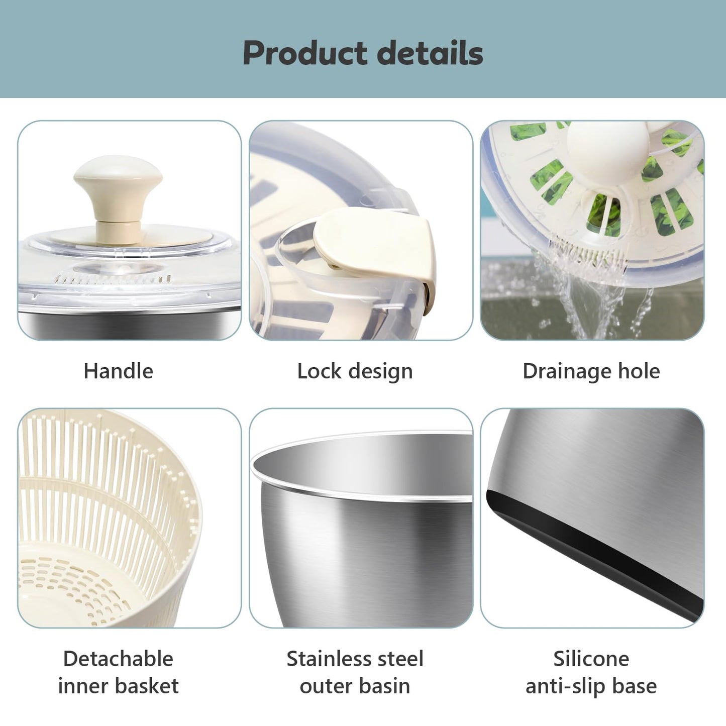Salad Spinner Stainless Steel，Manual lettuce dryer With lid, basin, drain frame and non-slip base,lettuce spinner with Quick Spin,Spaghetti & Chip Strainer BPA Free,Easy Clean,5qt