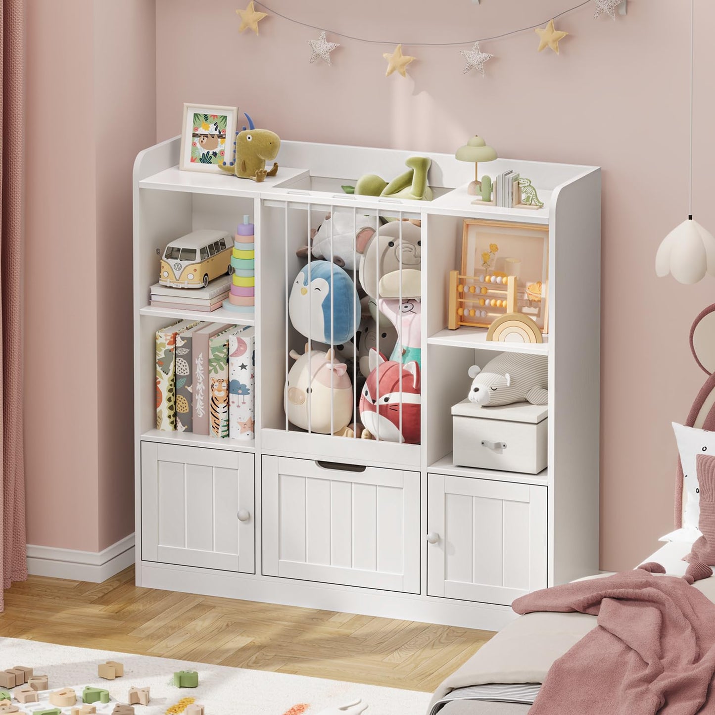 Vabches Toy Storage Organizer, Toddler Stuffed Animal Zoo with Drawer and Doors, Multi-Functional Kids Bookshelf Floor Storage Chest with 4 Storage Cubbies for Playroom, Kids Room, White