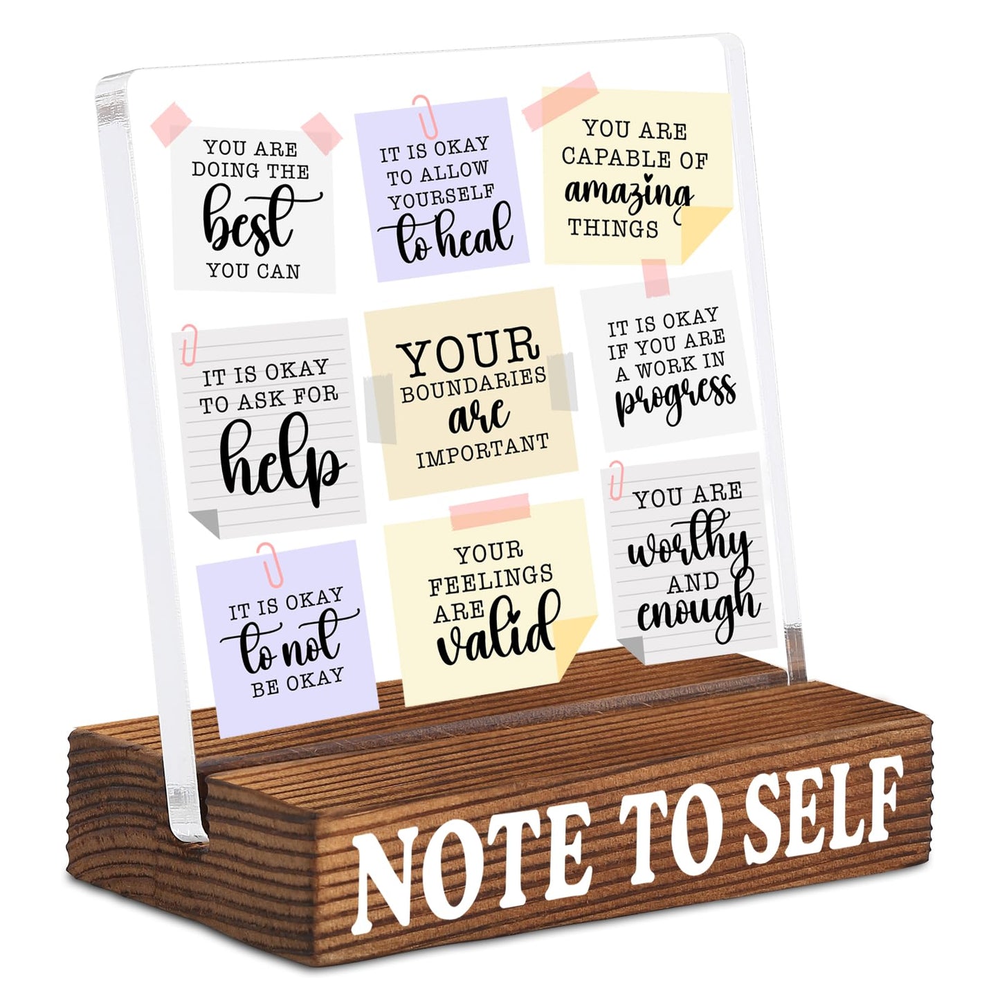 Inspirational Desk Decor with Positive Self Reminder, Acrylic Note Style Sign with Rustic Wood Base, Encouragement Gift for Home Office Coworker Friend SNOTE10