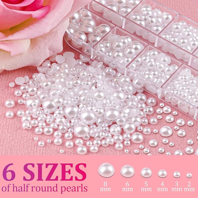 Belleboost Flat Back Pearls Kits 1 Box of Flatback White Half Round Pearls with Pickup Pencil and Tweezer for Home DIY and Professional Nail Art, Face Makeup and Craft
