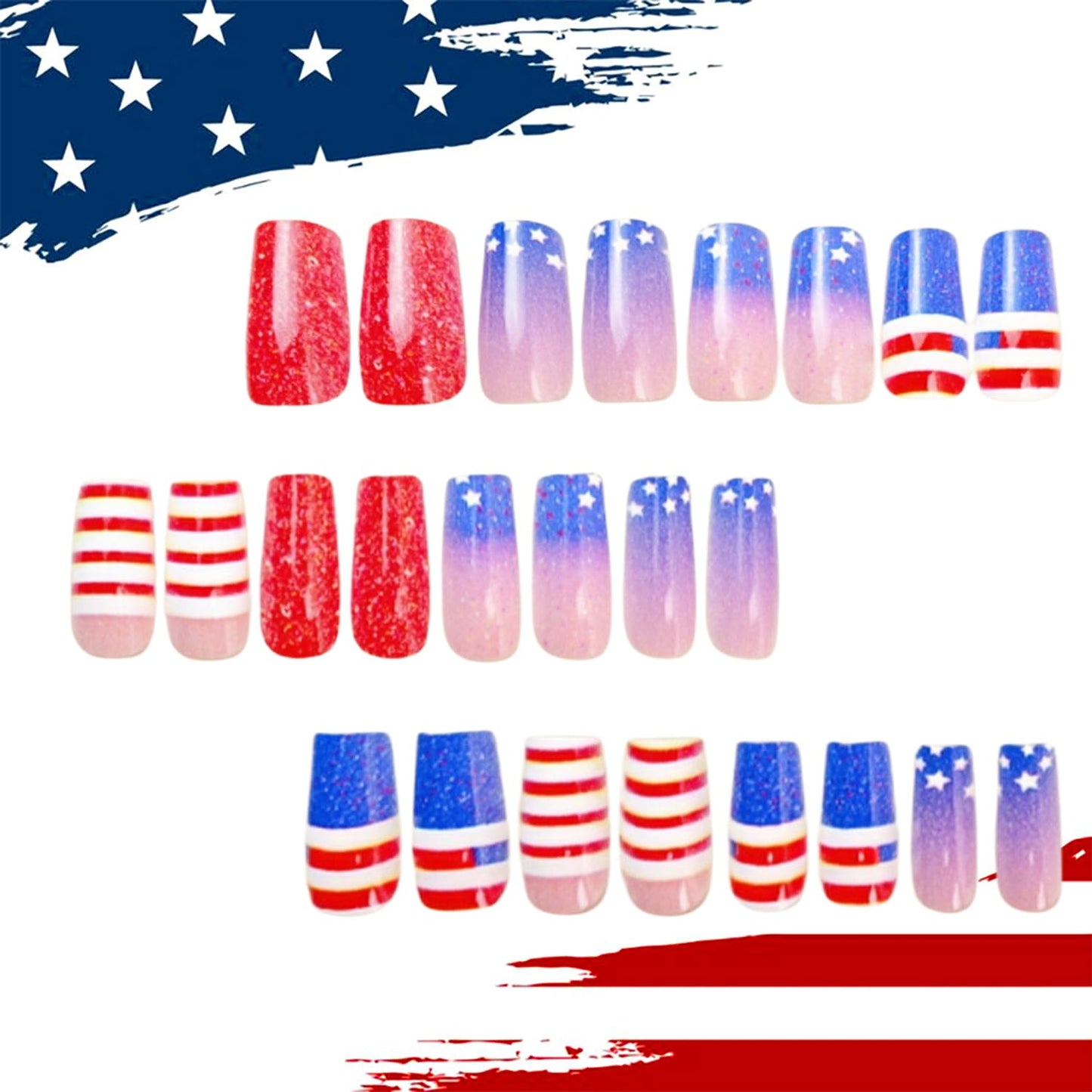 July 4th Press on Nails Medium Square Stars Stripes Design Independence Day False Nails Blue Glitter Powder Gradient Acrylic Nail Full Cover Patriotic Stick on Nail Holiday Glue on Nail for Women
