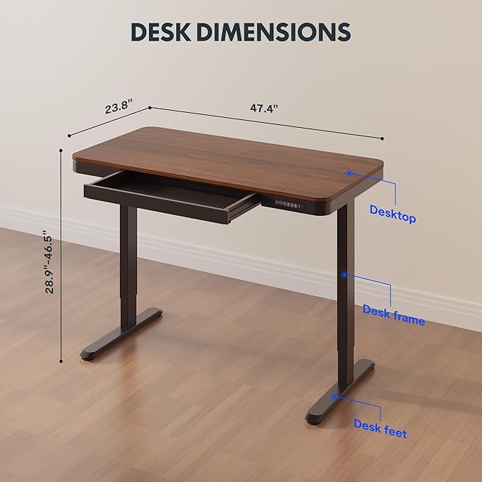 FLEXISPOT Comhar 48" Electric Standing Desk with Drawers, Quick Assembly Home Office Sit Stand Desk with Storage & USB Charging, Computer Workstation for Home Office (48" Wood, Dark Walnut/Black)