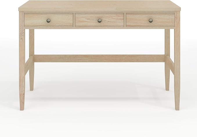 Martha Stewart Rhett Home Office Desk with 3 Drawers and Tapered Legs in Light Natural with Antique Bronze Hardware