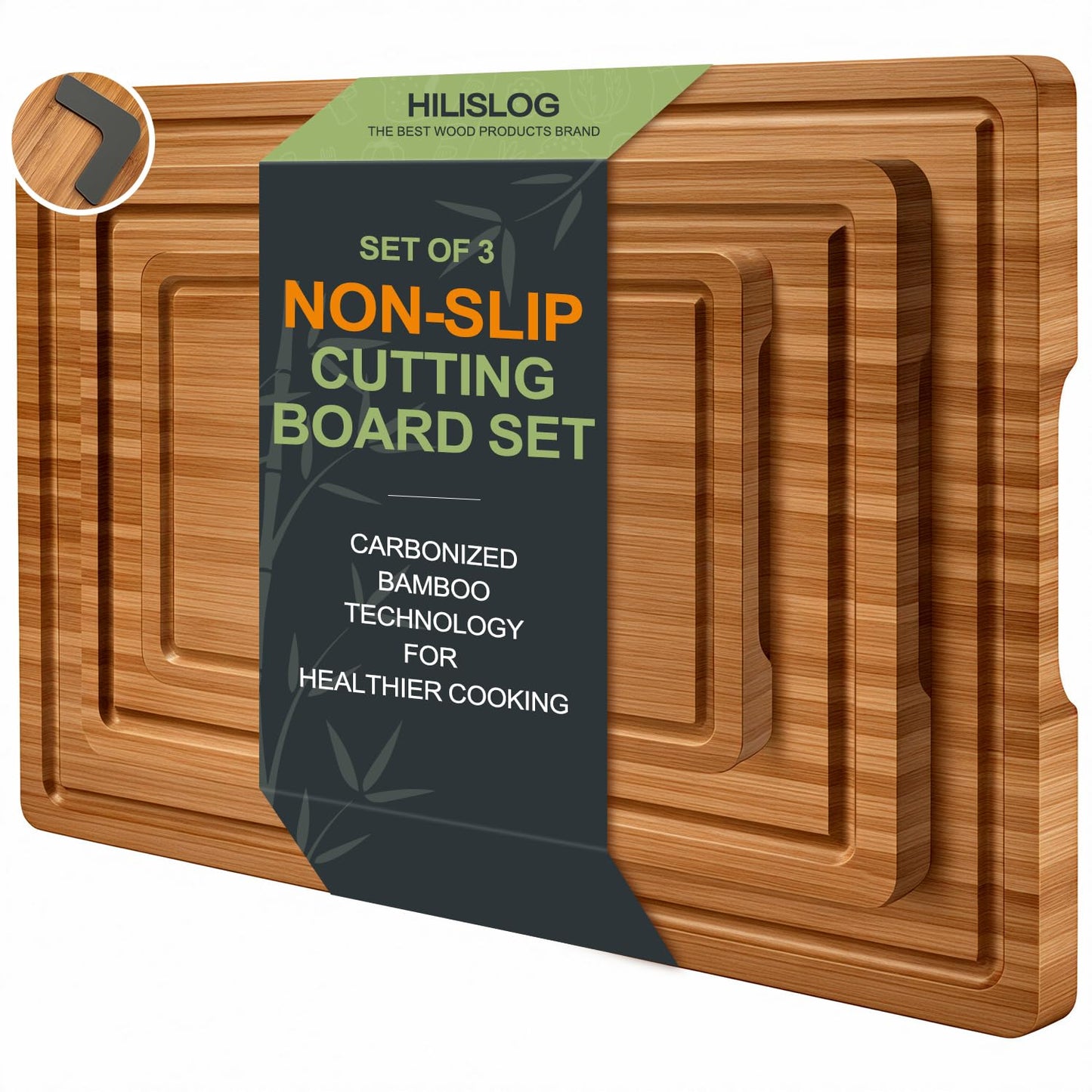 3 Pack Bamboo Cutting Board Set with Non Slip Solid Wood Cutting Boards Non Toxic Chopping Board for Kitchen Small Cutting Board Non Plastic Charcuterie Boards Meat Healthy Bread Cutting Board Sets