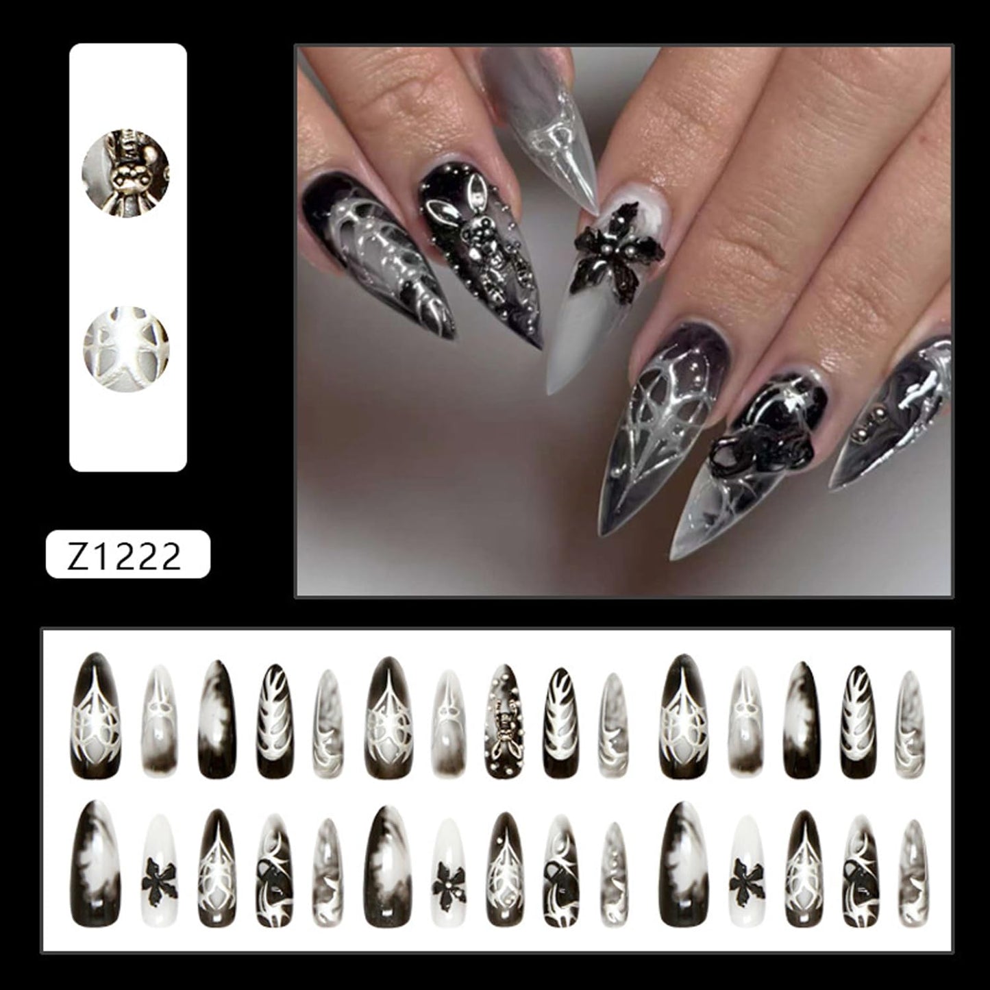 30Pcs Black Smudge Press on Nails Long Almond Fake Nails 3D Flower & Rabbit Design False Nails Chrome Silver Acrylic Nails Silver Metal Irregular Line Full Cover Y2K Star Heart Stick on Nail for Women