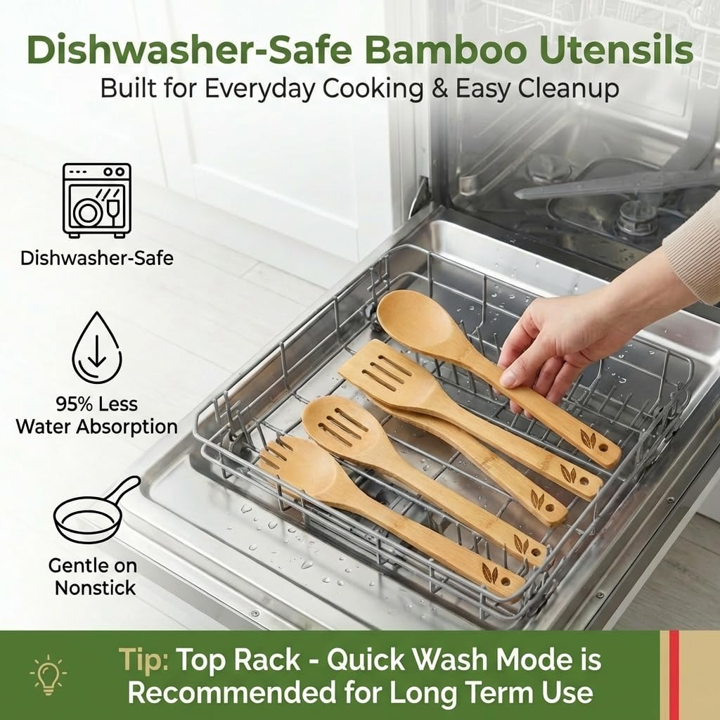 Cusinera Dishwasher Safe Bamboo Wooden Spoons for Cooking 6-Piece – Kitchen Gadgets Wooden Cooking Utensils Set – Premium Kitchen Utensils Set – Easy to Clean, Perfect for Non-Stick Cookware