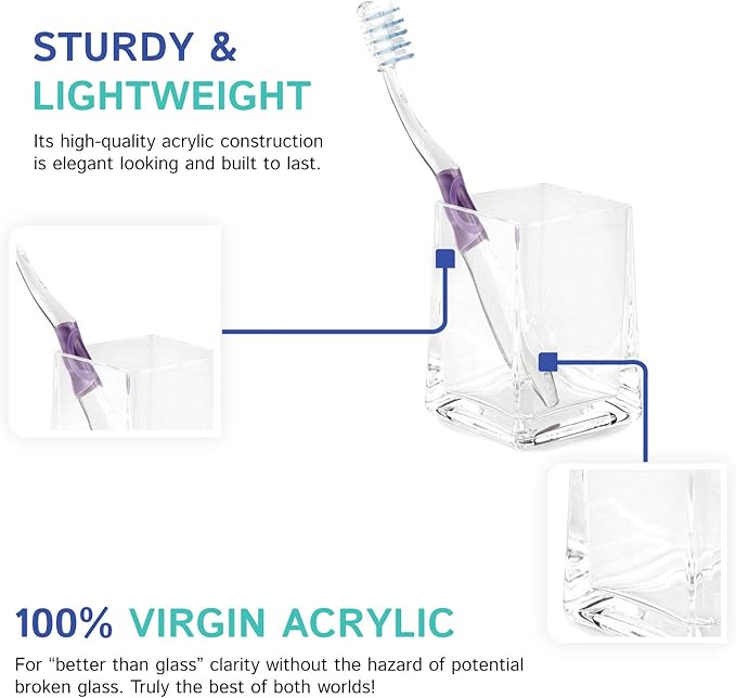 Huang Acrylic Clear Square Tapered Bathroom Toothbrush Holder/Tumbler | Easy to Clean Durable Acrylic | Single Piece Set