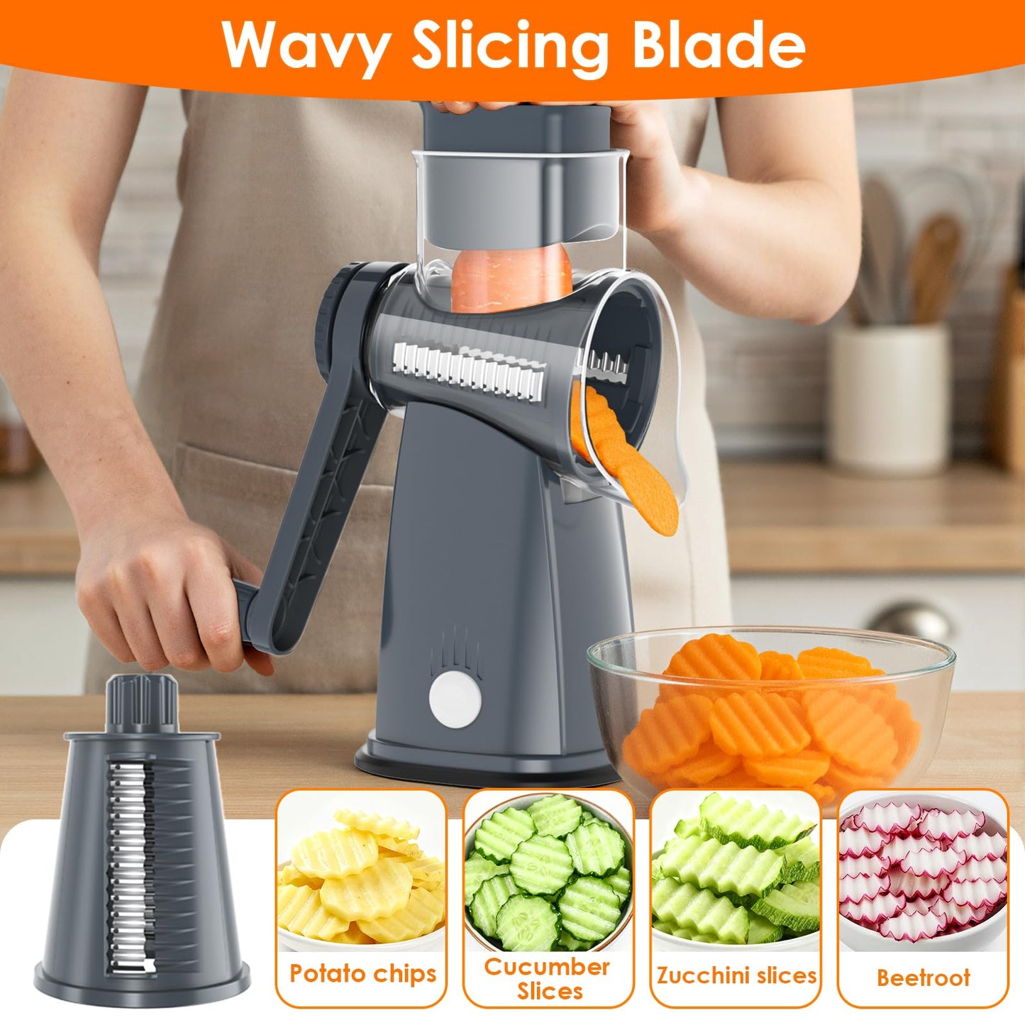 MealHelper 5 Blade Rotary Cheese Grater Hand Crank with Storage Box, Vegetable Chopper, Cheese Shredder for Cheeses, Veggies, Nuts - Easy to Use, Non-slip Suction Base, Gray