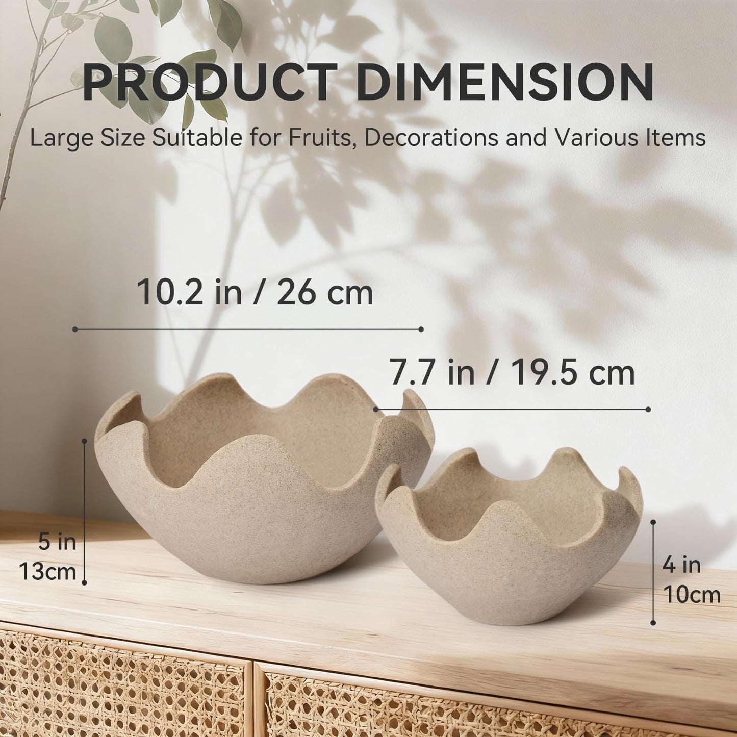 KEWOOL Wavy Decorative Bowl Home Decor - Set of 2 Modern Handmade Decorative Fruit Bowl for Kitchen Counter, Creative Centerpiece Decor for Entryway Table Coffee Table, Artificial Stone Beige