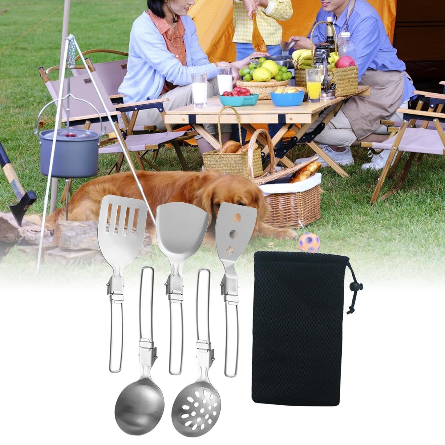 Esquirla 6Pcs Camp Cooking Utensil Set,Outdoor Kitchen Gear, Foldable Cooking Organizer Metal Camping Kitchen Utensil Set, Cookware Kit for Camp RV, BBQ