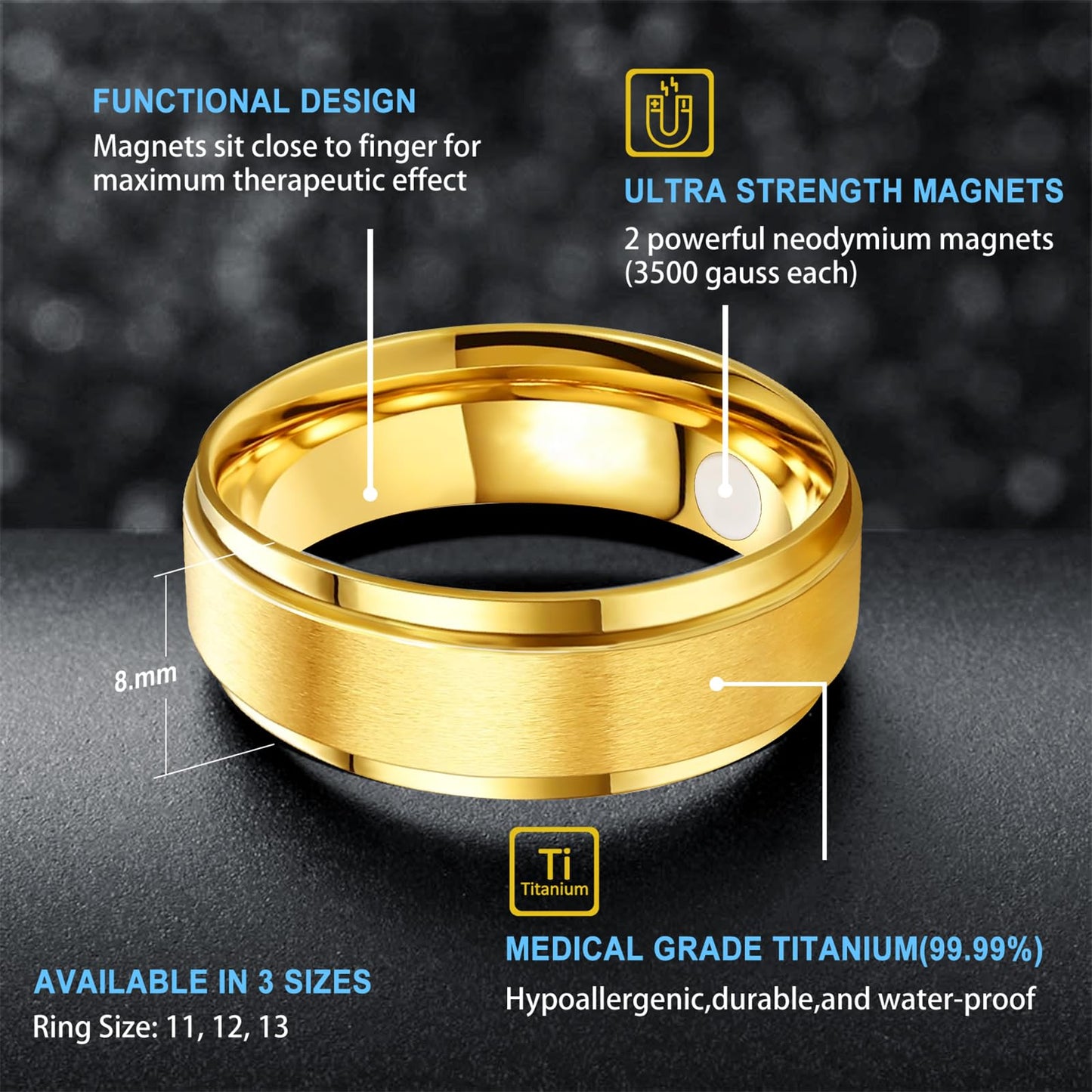 JEROOT 8mm Black Titanium Magnetic Ring for Men, 5mm Silver Pure Titanium Magnetic Ring for Women, Healing Ring with 3500 Gauss Magnets for Jewelry Gifts