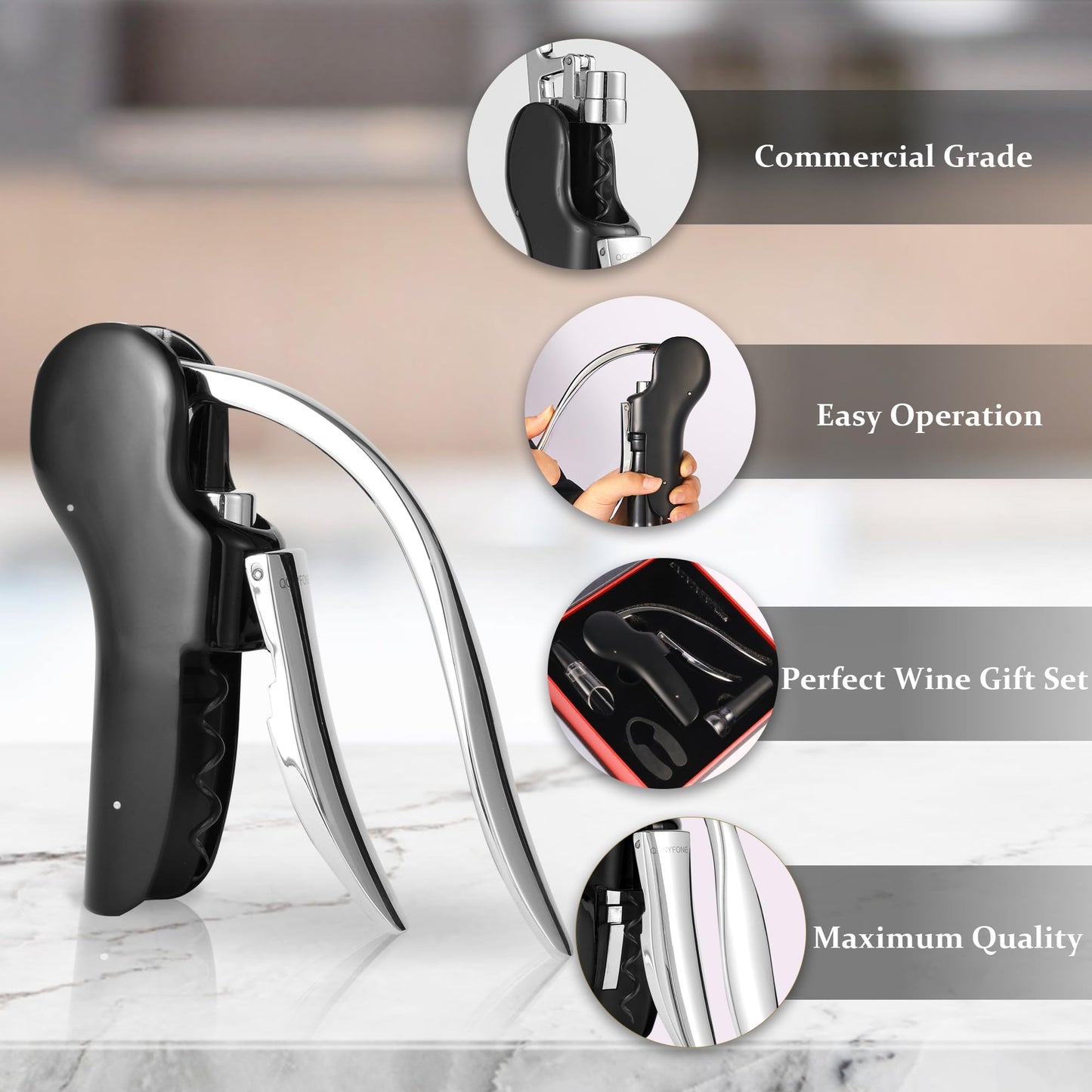 QONYFONE Wine Bottle Corkscrew Opener, Vertical Lever Corkscrew 5-Piece Set, Manual Vertical Design, Includes Wine Foil Cutter, Extra Spiral, Wine Pourer and Wine Stopper, Elegant Gift Box, Black