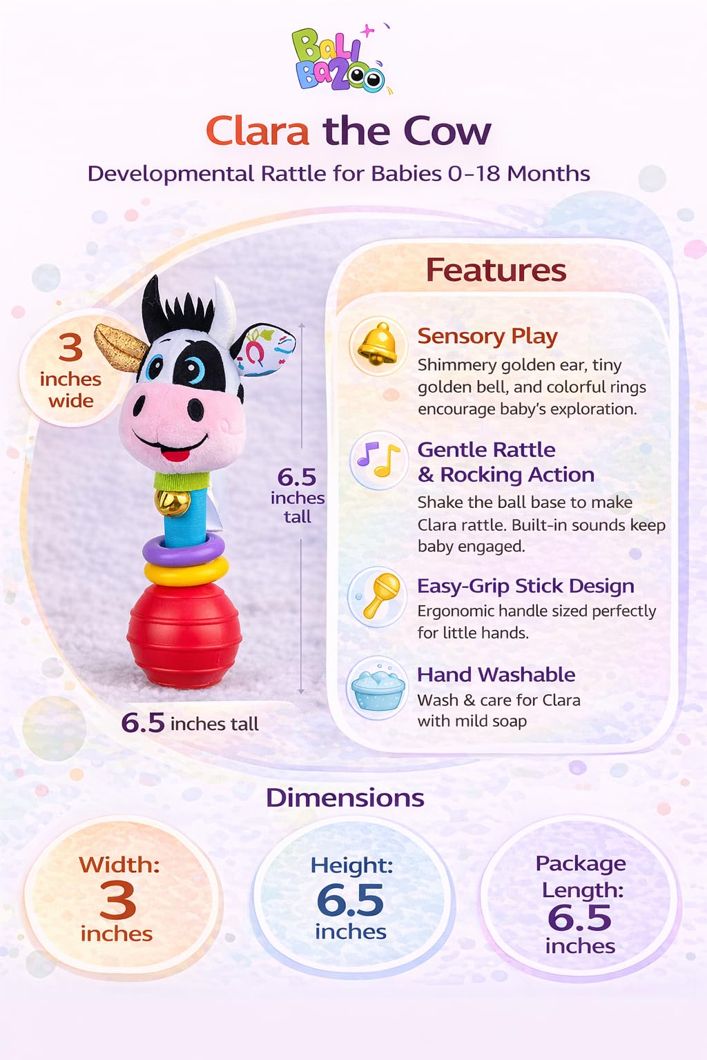 Balibazoo Clara The Cow Plush Baby Rattle & Teething Stick - Newborn Rattle Toy for 0-18 Month Babies | Soft Stuffed Cow with Bell, Easy-Grip Handle | Sensory Developmental Infant Rattle