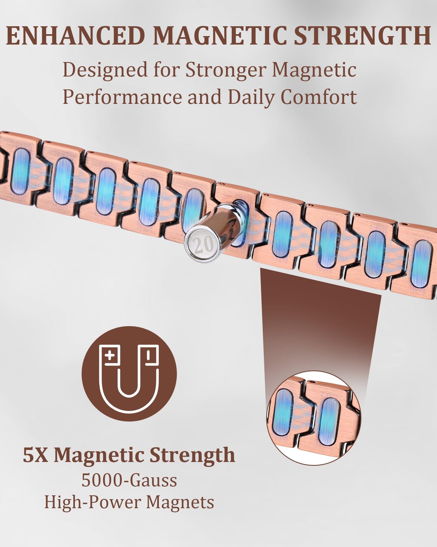 MagnetNova Ultra Strength Magnetic Bracelets for Men, 99.99% Pure Copper Bracelet with 5000 Gauss Magnets, Adjustable Size with Sizing Tool & Gift Box (Copper-21mm)