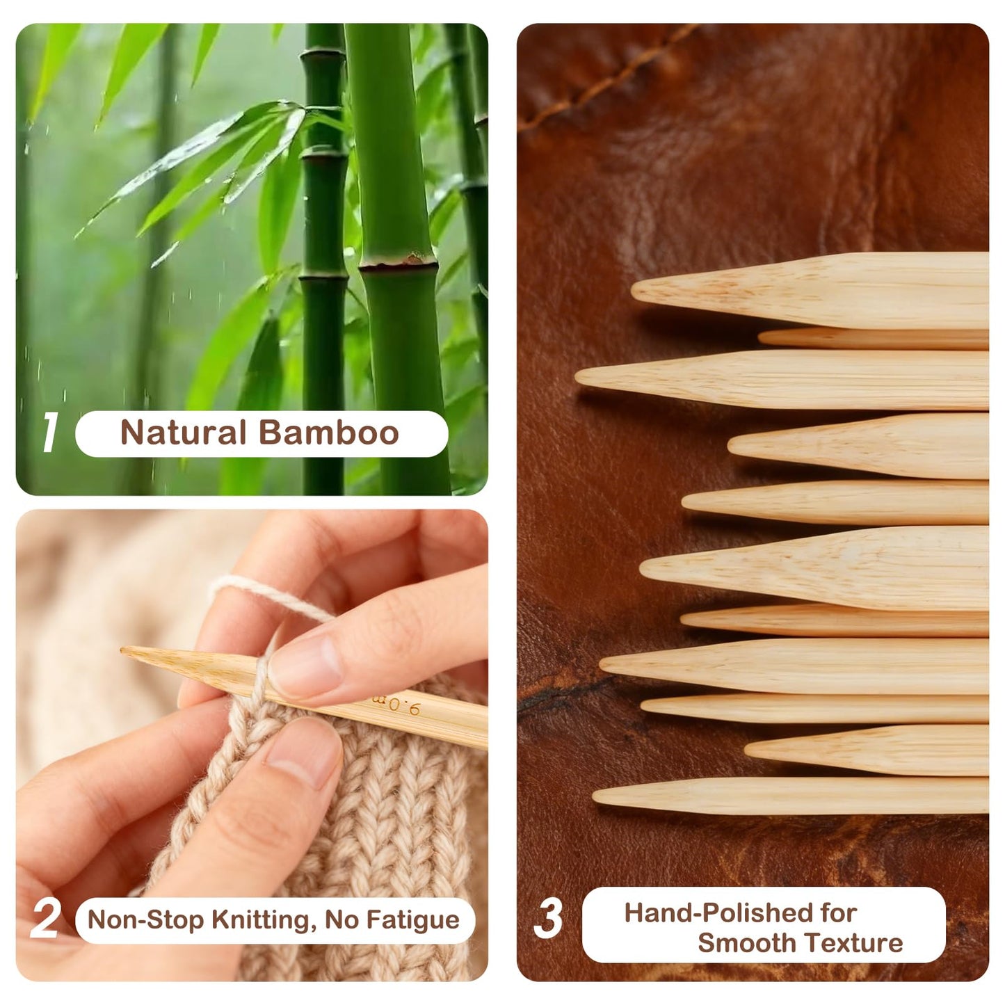 Guclud Bamboo Knitting Needles Set, 5-Inch Interchangeable Circular Knitting Needles US 4-15 (3.5-10mm),12 Pairs of Hand-Polished Circular Needles, 4 Cables, Accessories & Case (Black Tip)