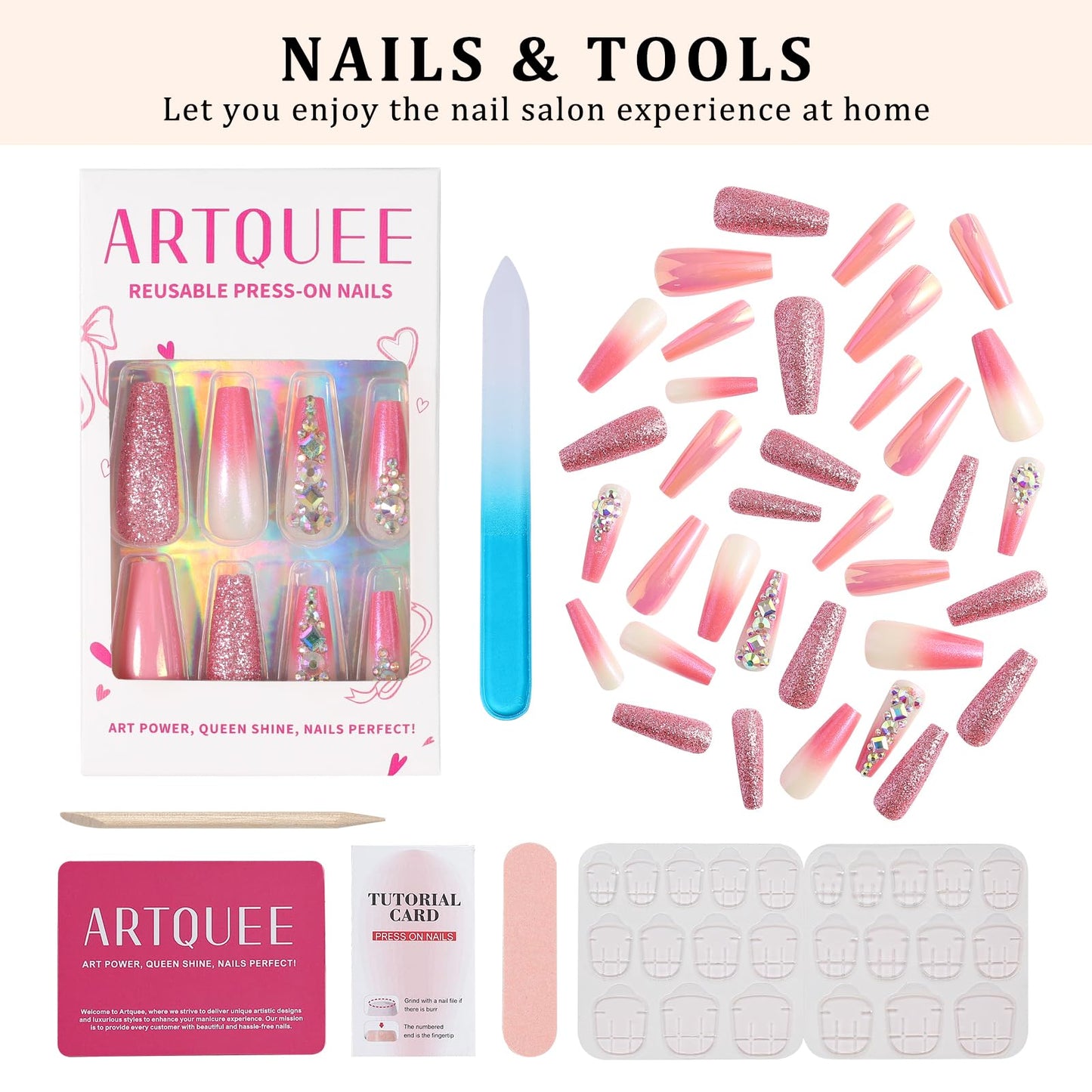 Artquee 36pcs Pink Ombre Crystal Press on Nails with 3D Rhinestones Mixed Pink Metal and Glitter Glossy False Nails Long Ballerina Coffin Flash Fake Nail Tips Manicure for Women