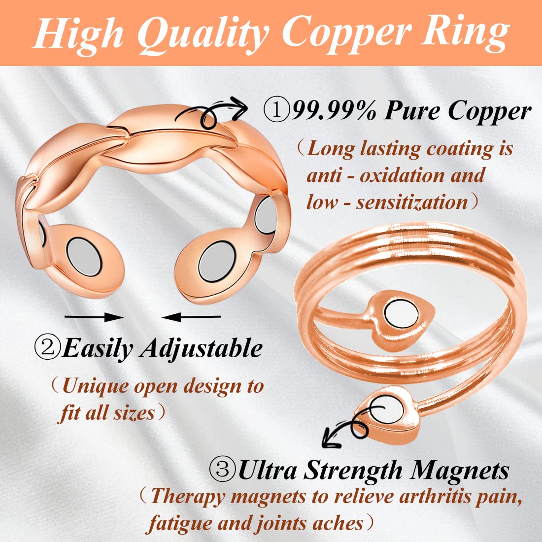 Cigmag 2PCS Copper Rings for Women Adjustable Solid Pure Magnetic Rings with Present Box