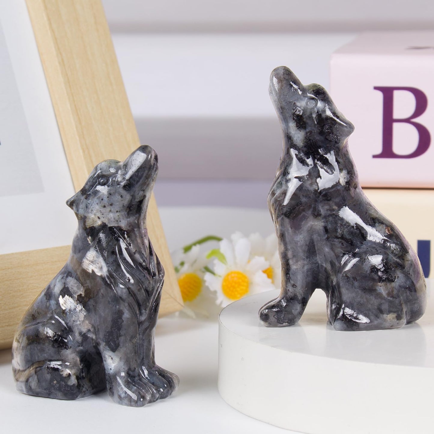Ytbeoxk 2 Inch Shimmer Stone Wolf Crystal Statue Wolf Decor Healing Crystal Wolf Figurines Hand Carved Stone Energy Gemstones for Luck Statue in Home and Office Meditation
