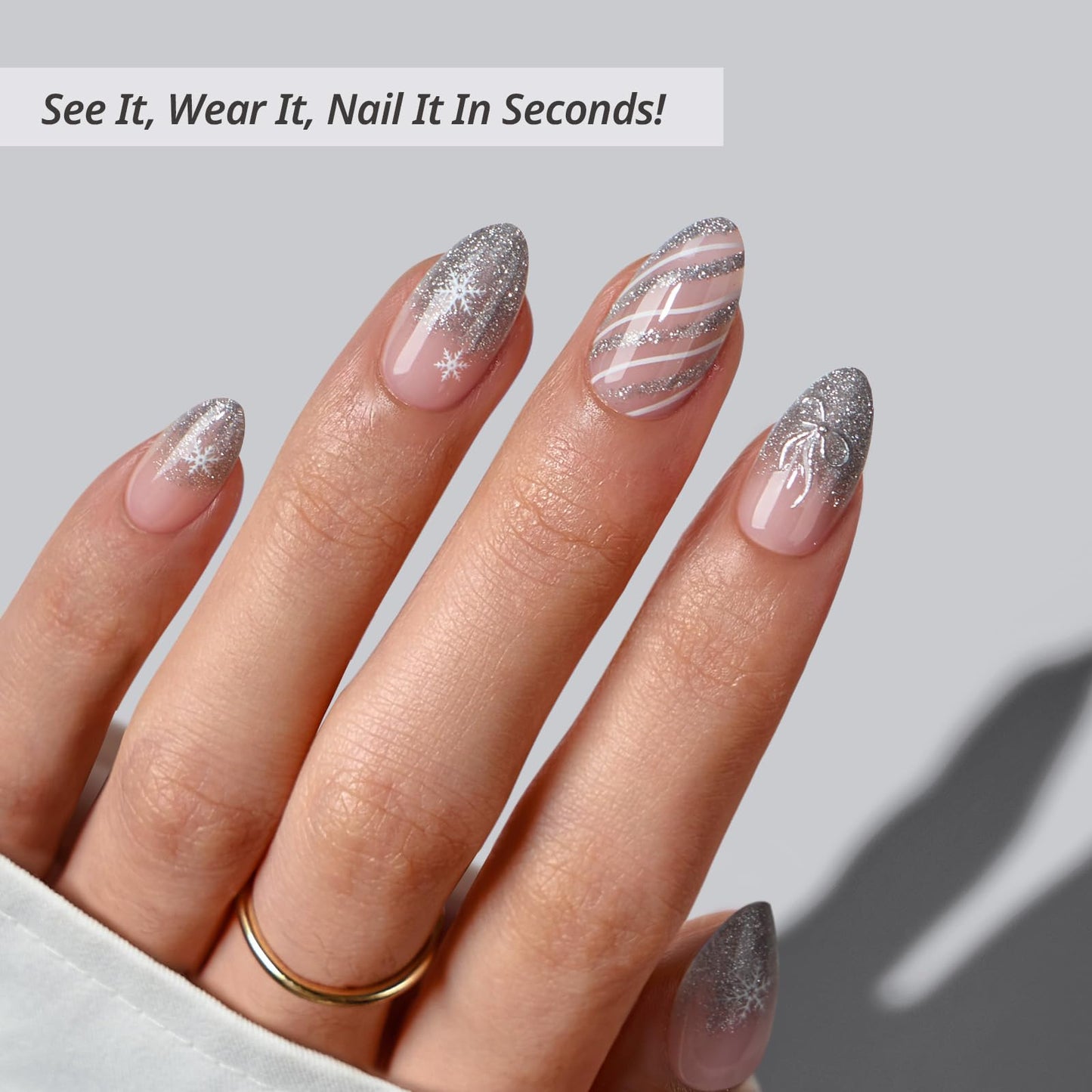 BTArtbox French Tip Press On Nails - Sparkle Bow, Lamp-Curable Short Almond Press On Nails with Glue and Adhesive Tabs for Women in 16 Sizes - 32 Soft Gel Glue On Nails Kit