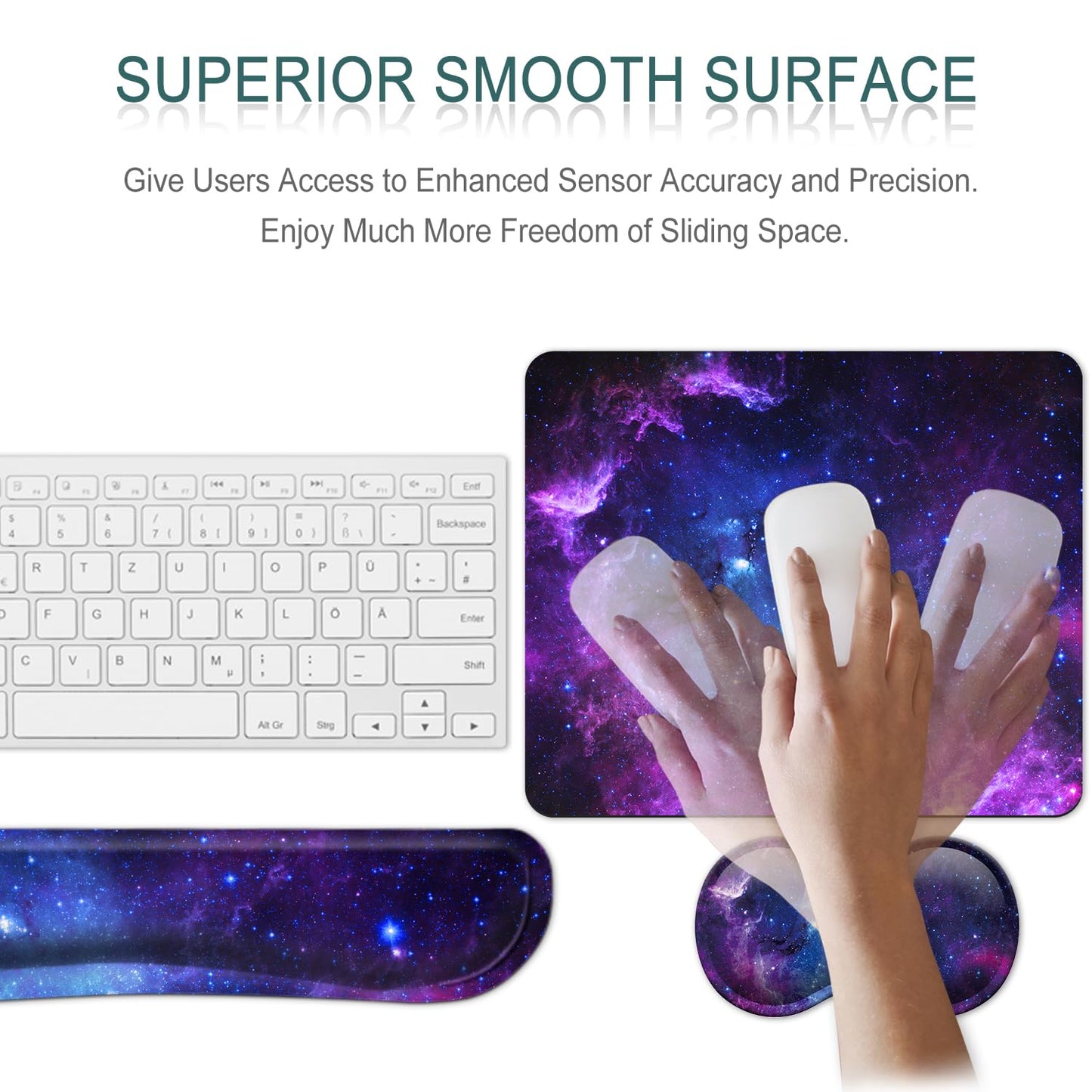 Keyboard Wrist Rest Support + Mouse Pad + Mouse Wrist Rest + Coaster, 4 PCS Set Ergonomic Memory Foam Mousepad with Durable Anti-Slip Rubber Base for Office, Home & Easy Typing Pain Relief, Galaxy