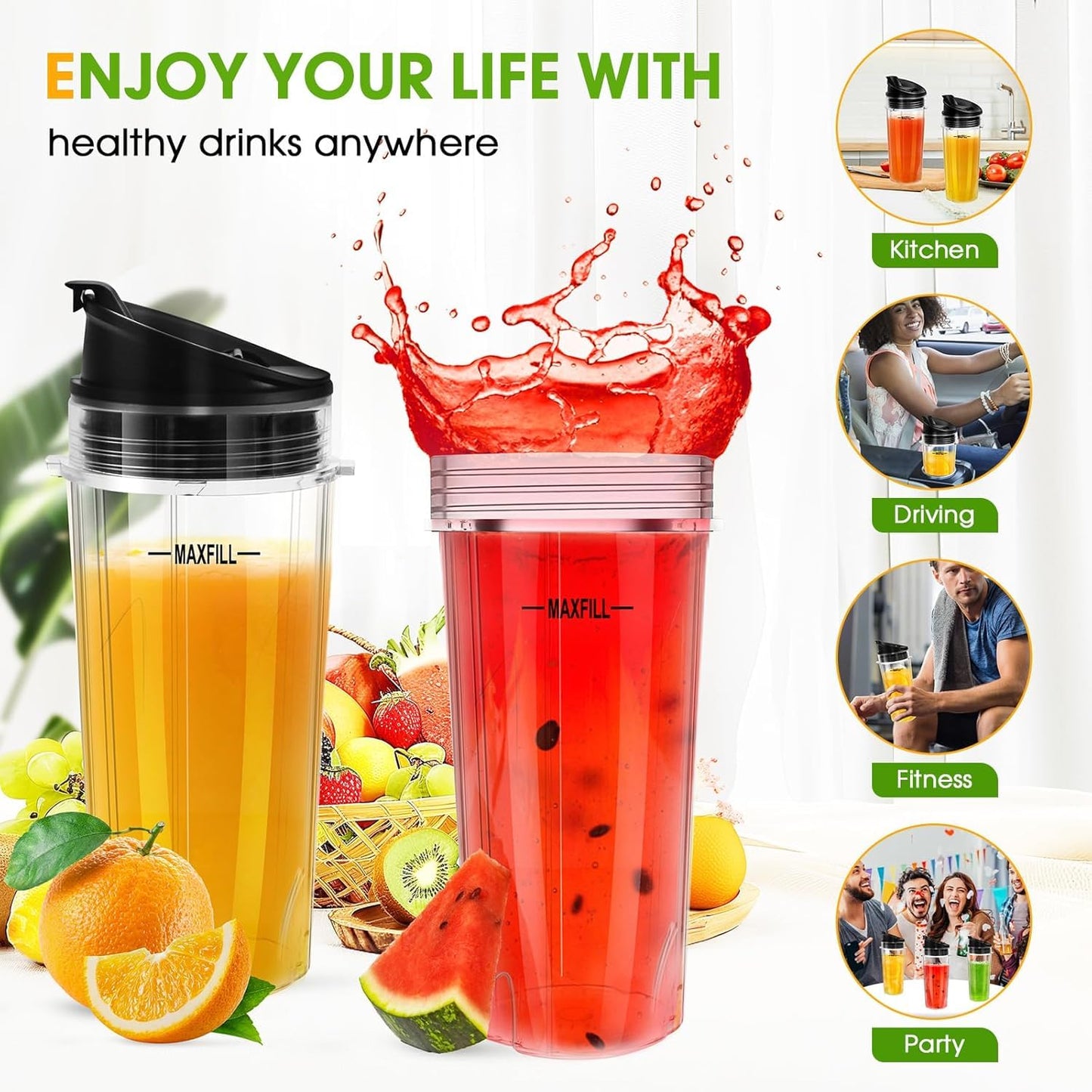 Blender 16oz Cups Replacement for Ninja - 3 Pack Ninja Blender Cups with Lids, Compatible with Ninja QB3001SS, BL770, BL780, BL660, BL740, BL810, Nutri Ninja Series Blenders
