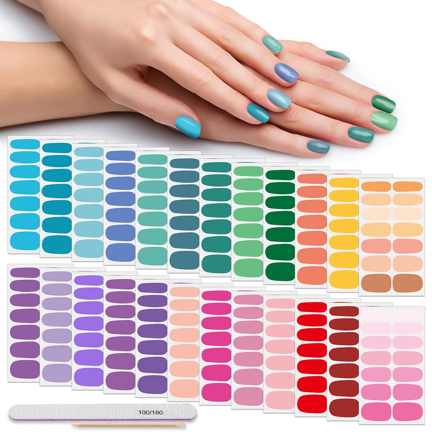 DANNEASY 24 Sheets Solid Color Nail Wraps for Women Stick On Nail Polish Strips Gel Nail Strips Self Adhesive Nail Polish Stickers Manicure Sticker for Nail Art with Nail File, Cuticle Stick