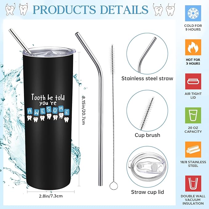 Nuogo 3 Pcs Positive Dental Hygienist Gifts Dentist Assistant Gift for Women Men Inspirational 20oz Tumbler Tote Bag Tooth Stress Toy for Dental Hygiene Month Employee Appreciation(Black,Teeth)