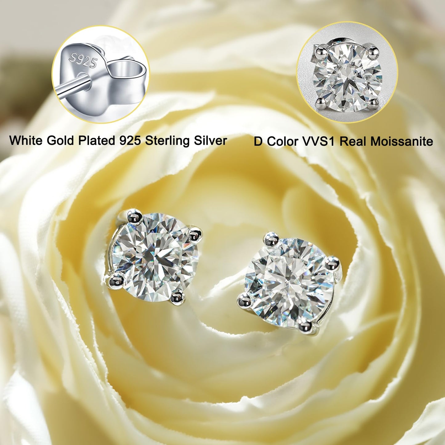 YODEWA Moissanite Stud Earrings for Women 925 Sterling Silver Hypoallergenic Butterfly Back 1 Pair DEF Color Lab Created Brilliant Round Moissanite Earrings (Silver 2CT)