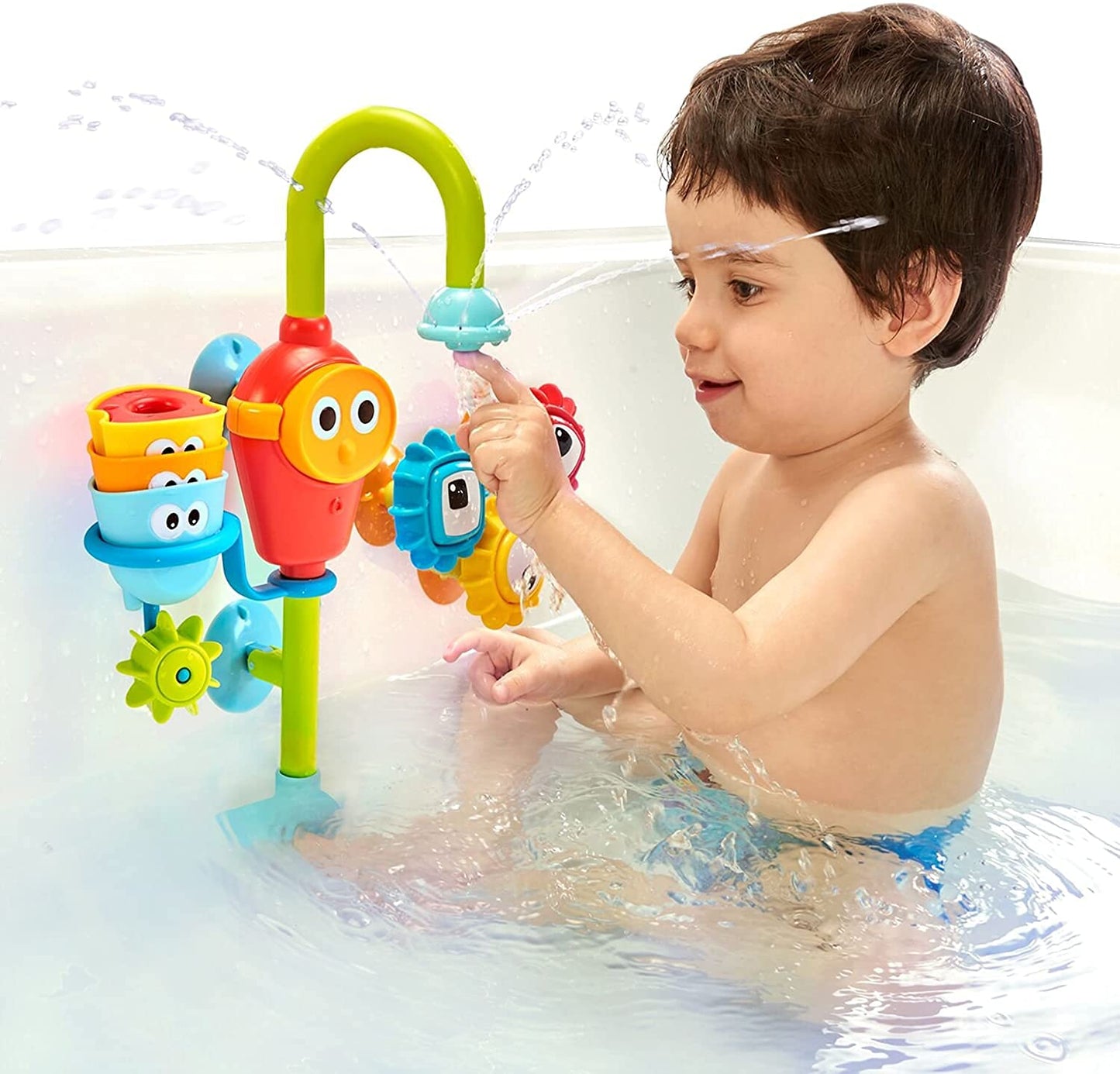 Yookidoo Bay Bath Toddler Toys (Ages 1-3) - 3 Stackable Cups, Spinning Gears, Hose & Spout for Water Play - Mold Free - Suction Cups Attach to Any Bath Tub or Shower - Spin N Sort Spout Pro