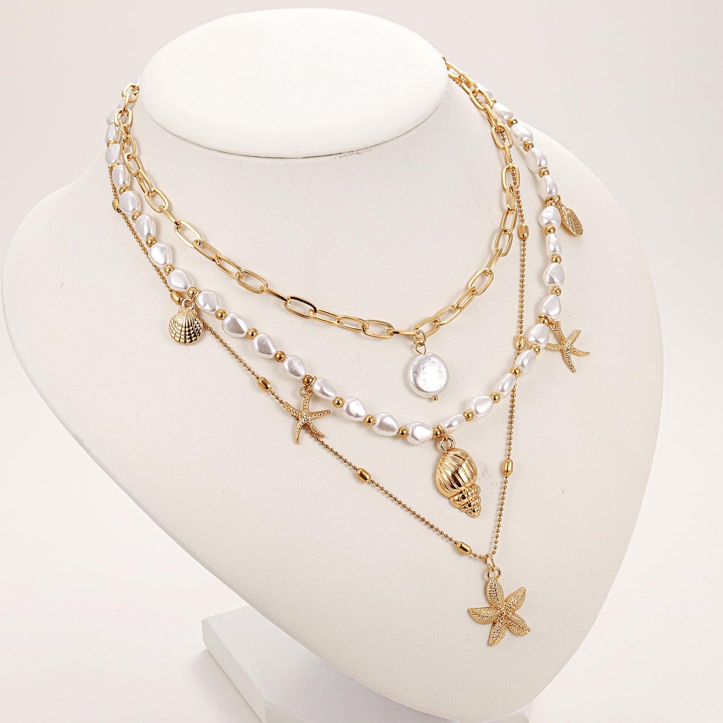 Seashell Starfish Necklace for Women Conch Shell Summer Pearl Beach 14k Gold Layered Dainty Sea Choker