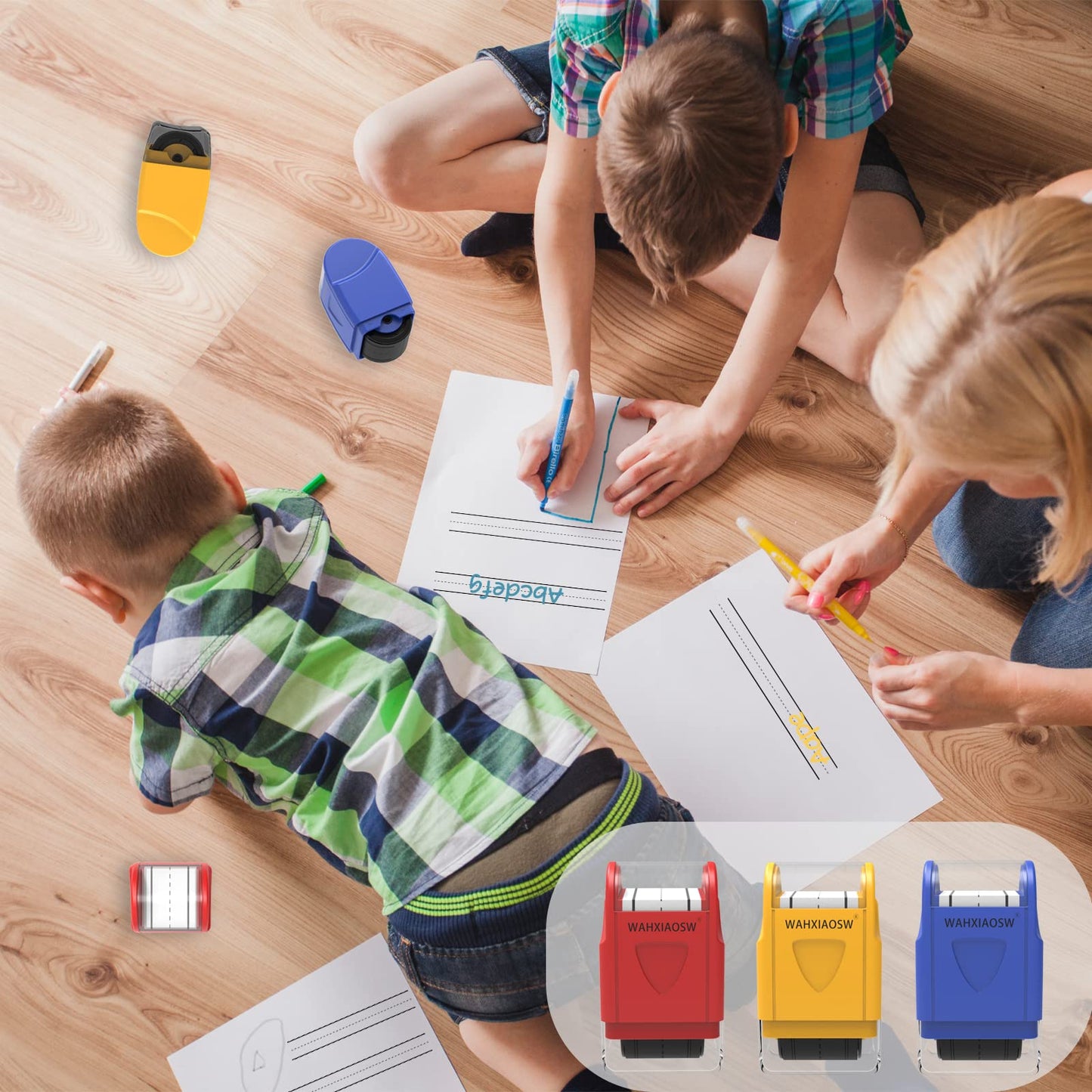 Handwriting Stamp Line Roller,Handwriting Lines Stamp Roller Self-Inking Line Rolling Stamps Handwriting Practice Tool for Teachers Kids Kindergarten-1refill Ink Included (-Pink)