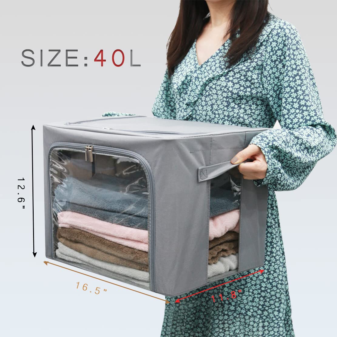 Stackable Clothes Storage Box for Clothing Gadgets,Steel Frame Storage Bins for Toys Gift,Foldable Oxford Fabric Closet Organizer Bag Set w/ Carry Handles Clear Window (Medium- 40L x3 Pack, Grey)