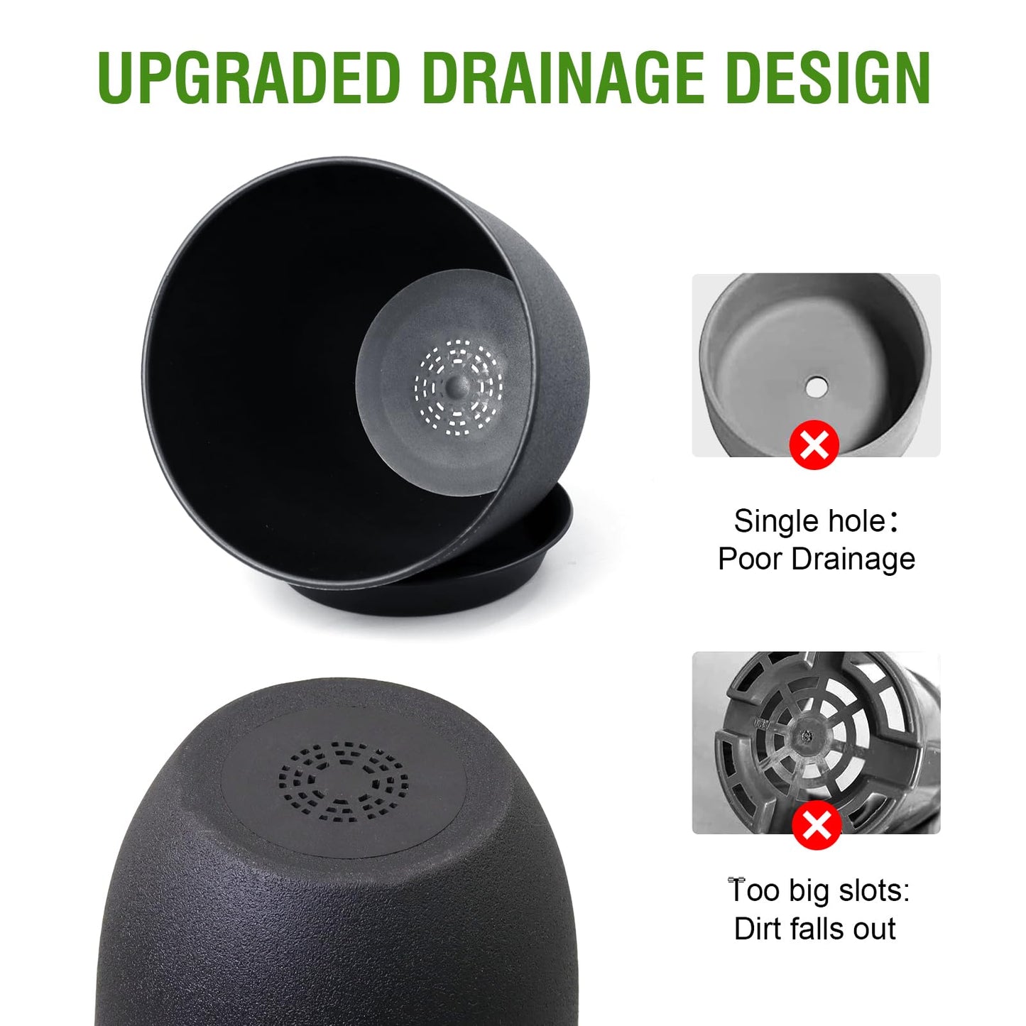 WSMKSZ 10/9/8 inch Medium Plant Pots, 3 Pack Modern Decorative Plastic Planters with Drainage Holes and Saucers, Flower Pots for Indoor Outdoor Plants, Black