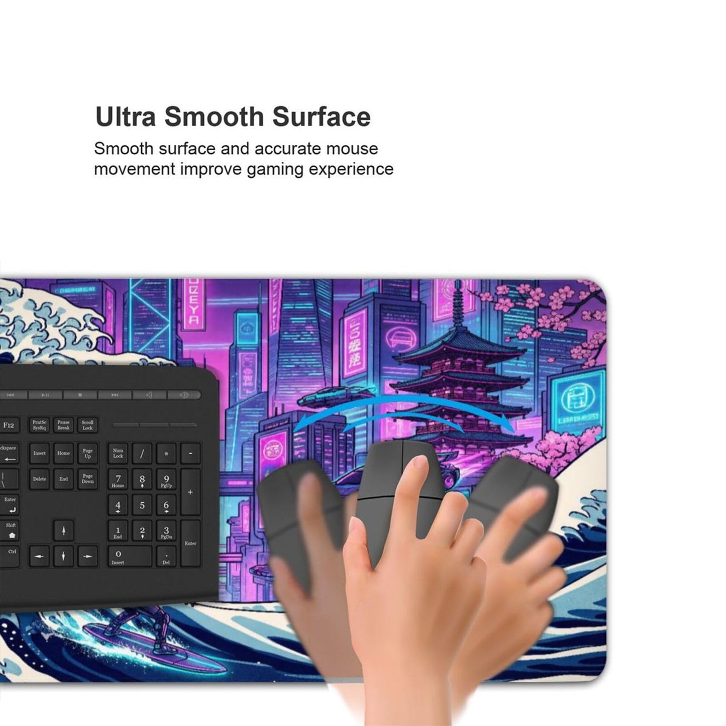 AQQA Cyberpunk Great Wave Gaming Mouse Pad - Japanese Aesthetic Large Desk Mat - XXL Extended Mousepad for Gamers, Neon Retro Wave City Art, Water-Resistant Non-Slip Rubber Base, 31.5"x15.7"