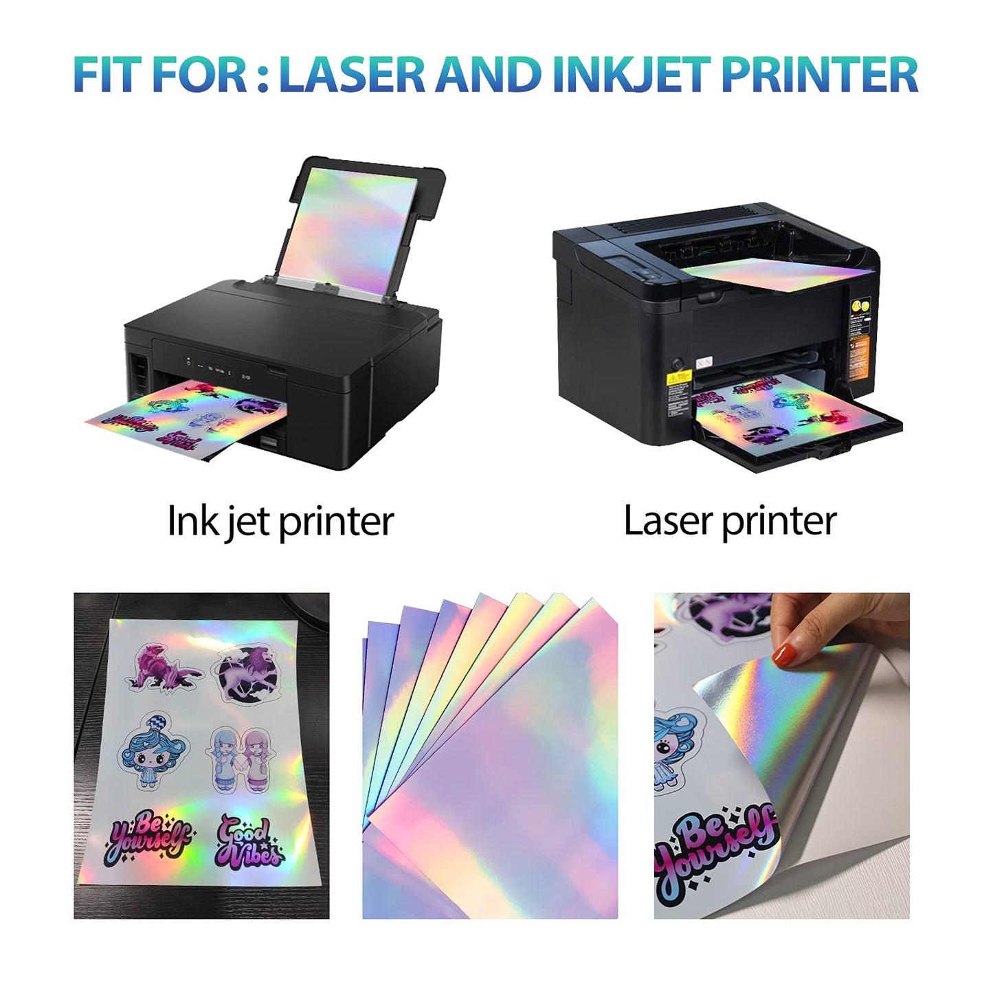 30 Sheets Holographic Sticker Paper for Inkjet & Laser Printer, Printable Vinyl Holographic Sticker Paper Waterproof Self-Adhesive, 8.5 X 11 Inches - Rainbow