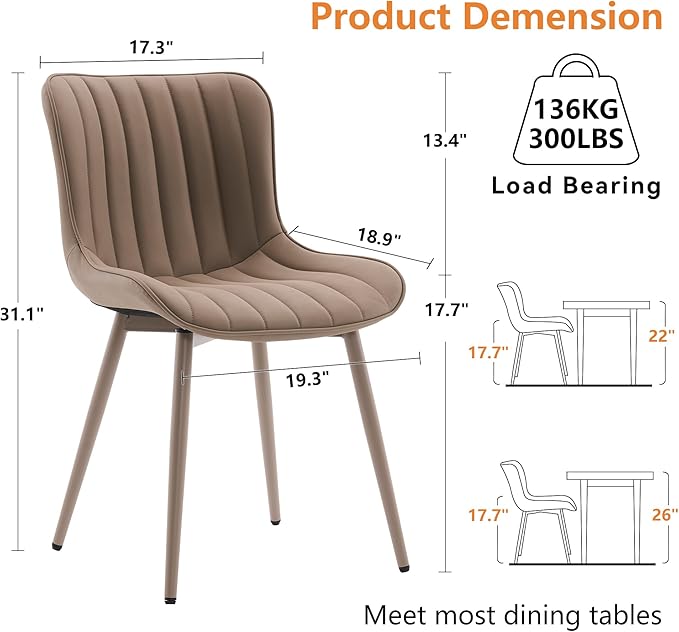 YOUNUOKE Mid-Century Modern Dining Chairs Set of 2, Khaki PU Leather Upholstered Kitchen Chairs with Khaki Metal Legs, Armless Accent Chair for Dining Room, Guest Reception Room