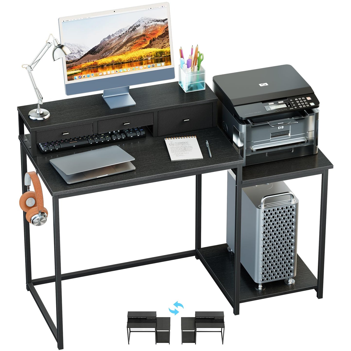 SINPAID 47 inch Computer Desk with Printer Shelf, Gaming Desk with Monitor Stand and Drawers, Reversible Home Office Desk with Storage Shelves and 2 Hooks, Home Workstation for Study Writing, Black