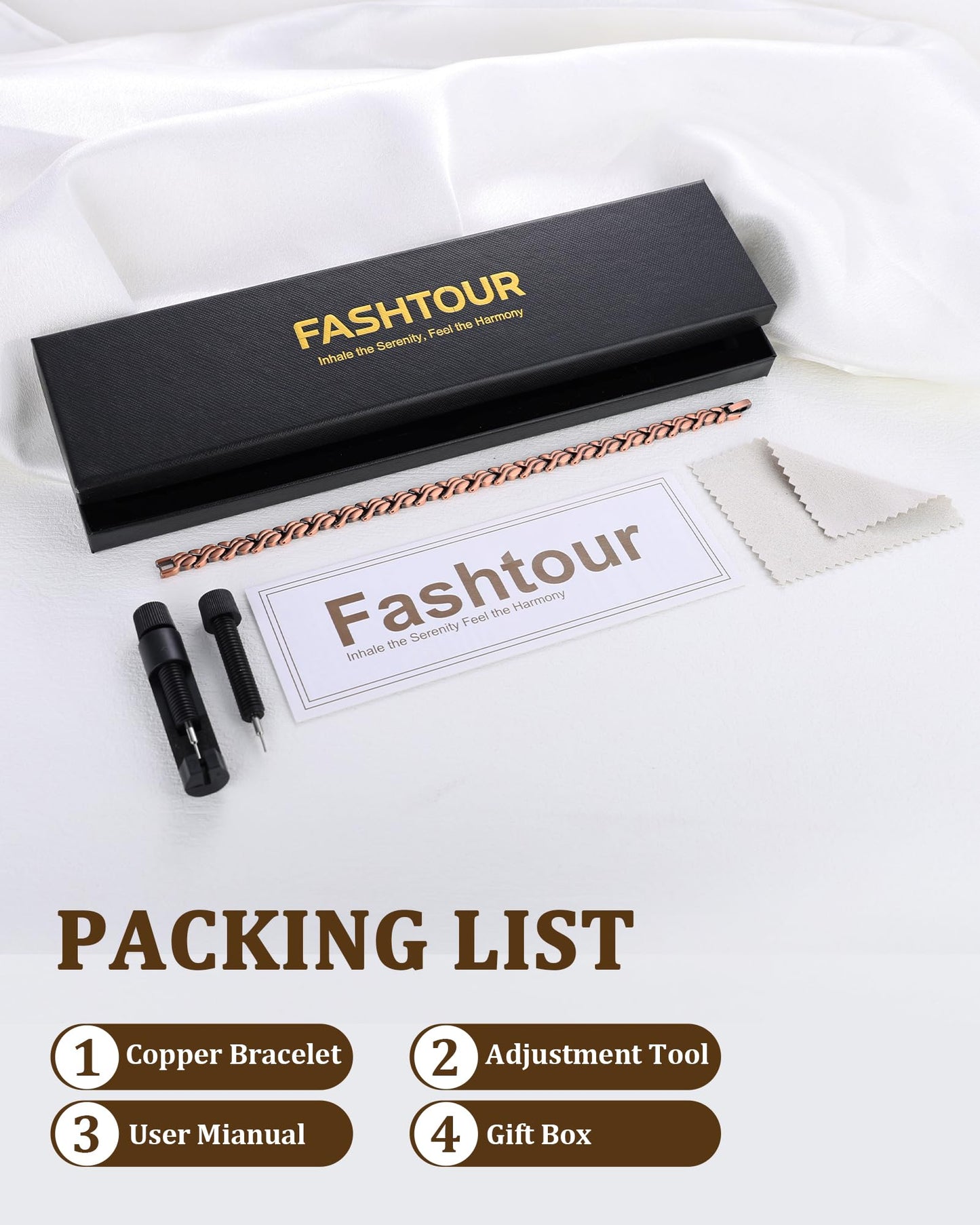 Fashtour 99.99% Pure Copper Magnetic Bracelet and Ring Set for Women, Heart Wire Design Adjustable Jewelry with 3800 Gauss Magnets, Elegant Gift Box (Fishtail)