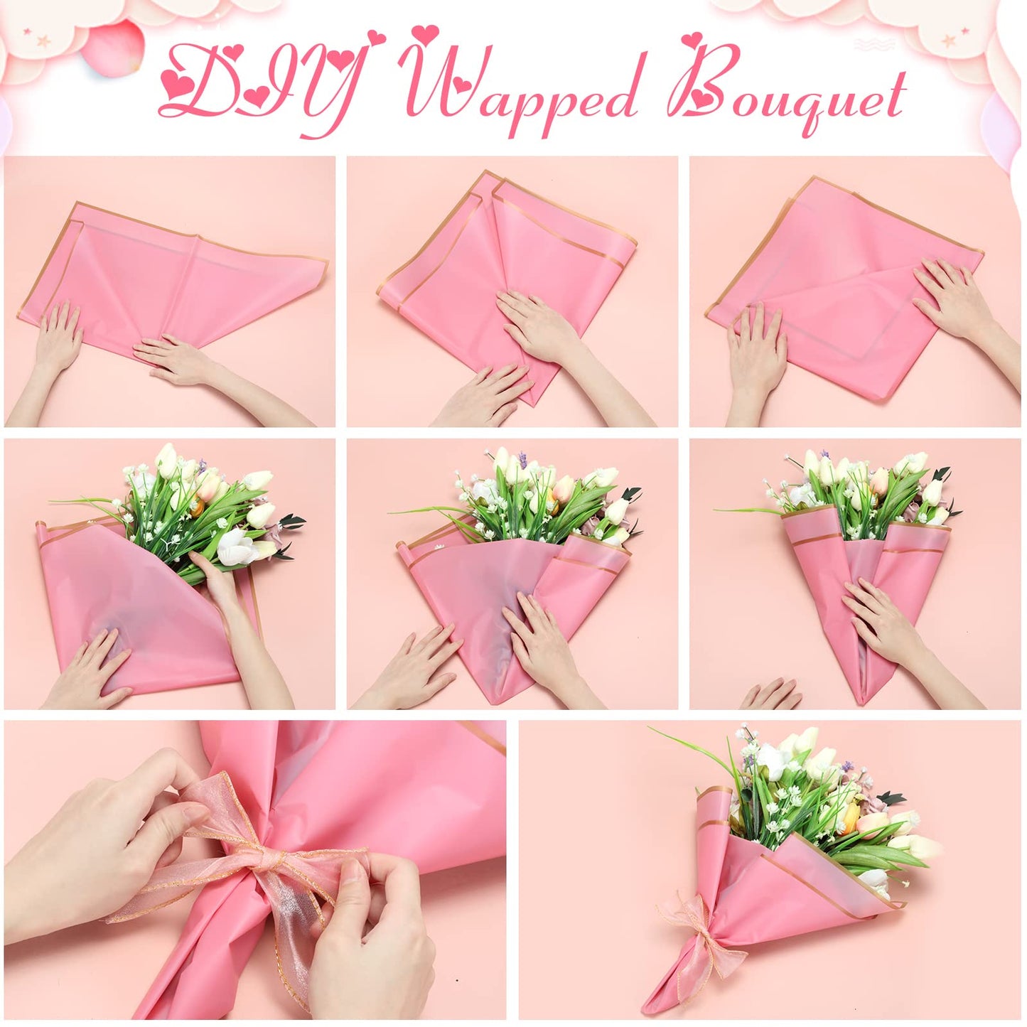 Fainne 80 Pcs Pink Flower Wrapping Paper Lotus Floral Bouquet Wrapping Paper with Gold Edge Waterproof Florist Floral Paper Bouquet for DIY Florist Supplies, 22.8 x 22.8 in