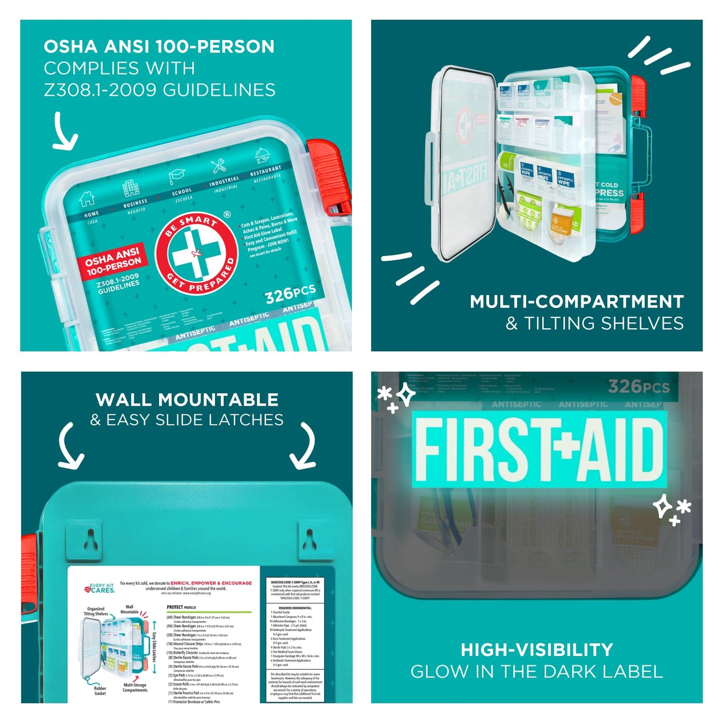Be Smart Get Prepared First Aid Kit, Teal, 326 Piece, Exceeds OSHA and ANSI Guidelines 100 People - Office, Home, Car, School, Emergency, Survival, Camping, Hunting and Sports